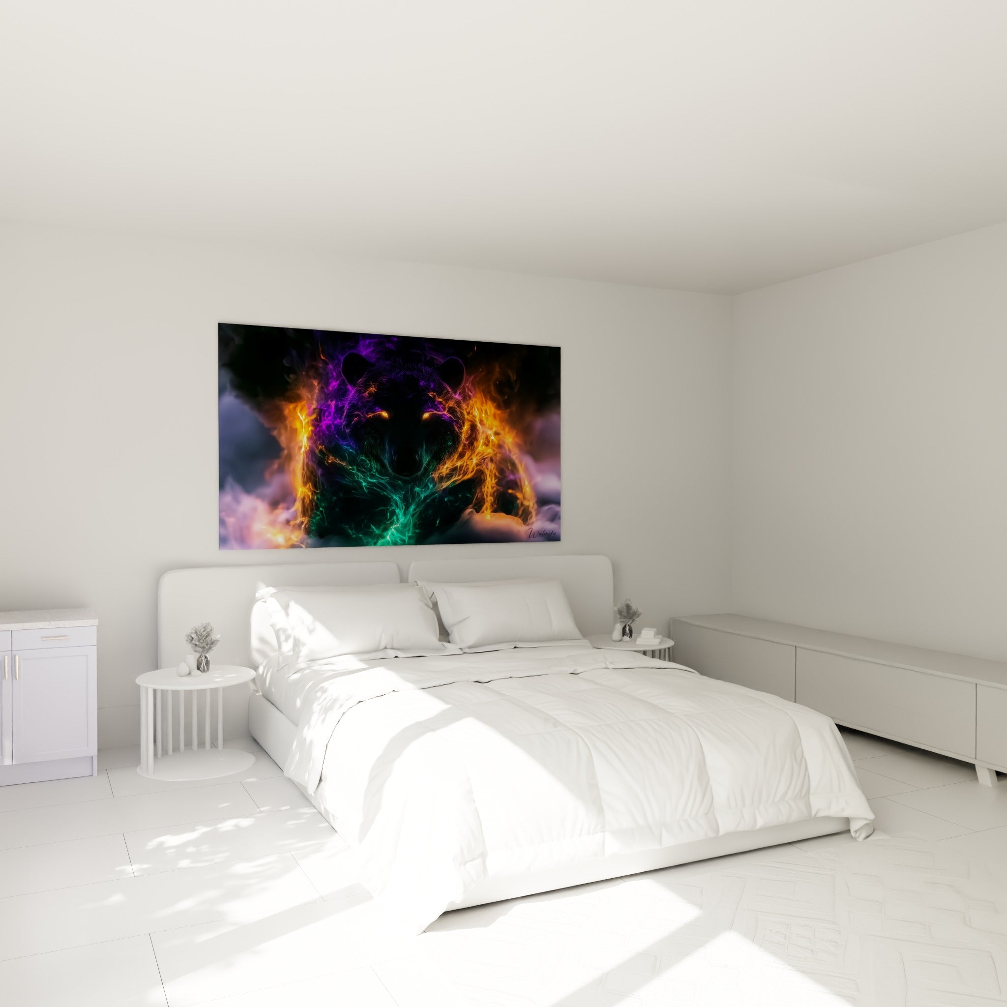 Créature spectrale aux flammes orange et reflets turquoise, accrochée au-dessus d'un lit dans une chambre claire