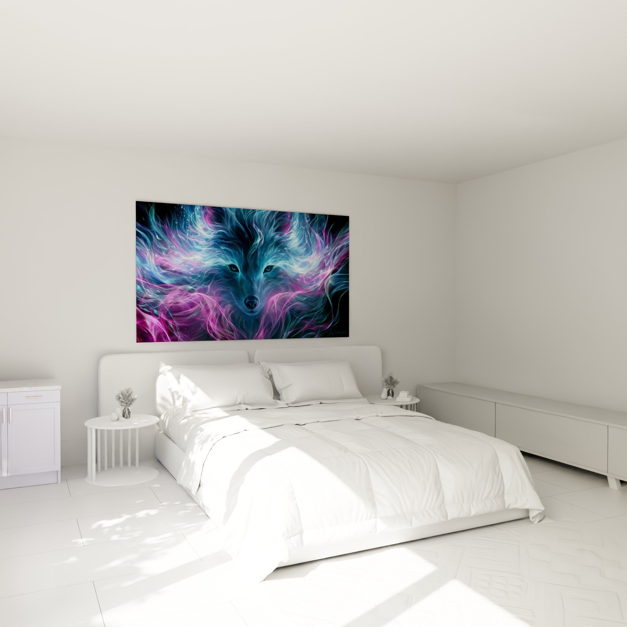 Créature fantomatique bleu et violet incandescent, accrochée au-dessus d'un lit dans une chambre claire