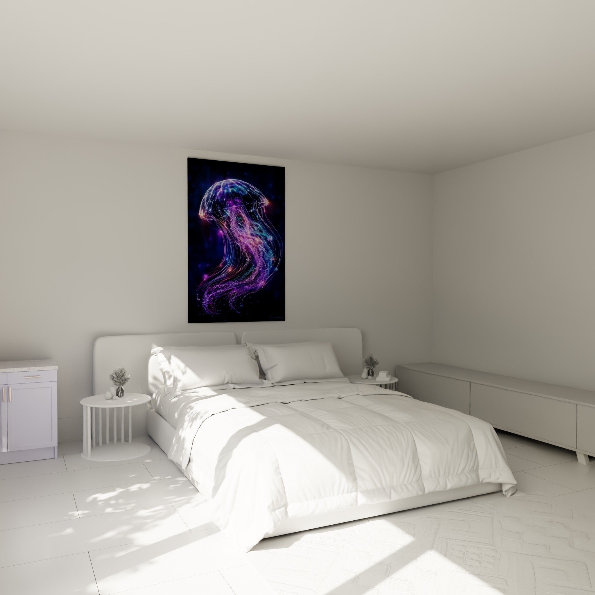 Créature marine violette et turquoise aux reflets dorés, au-dessus d'un lit dans une chambre claire