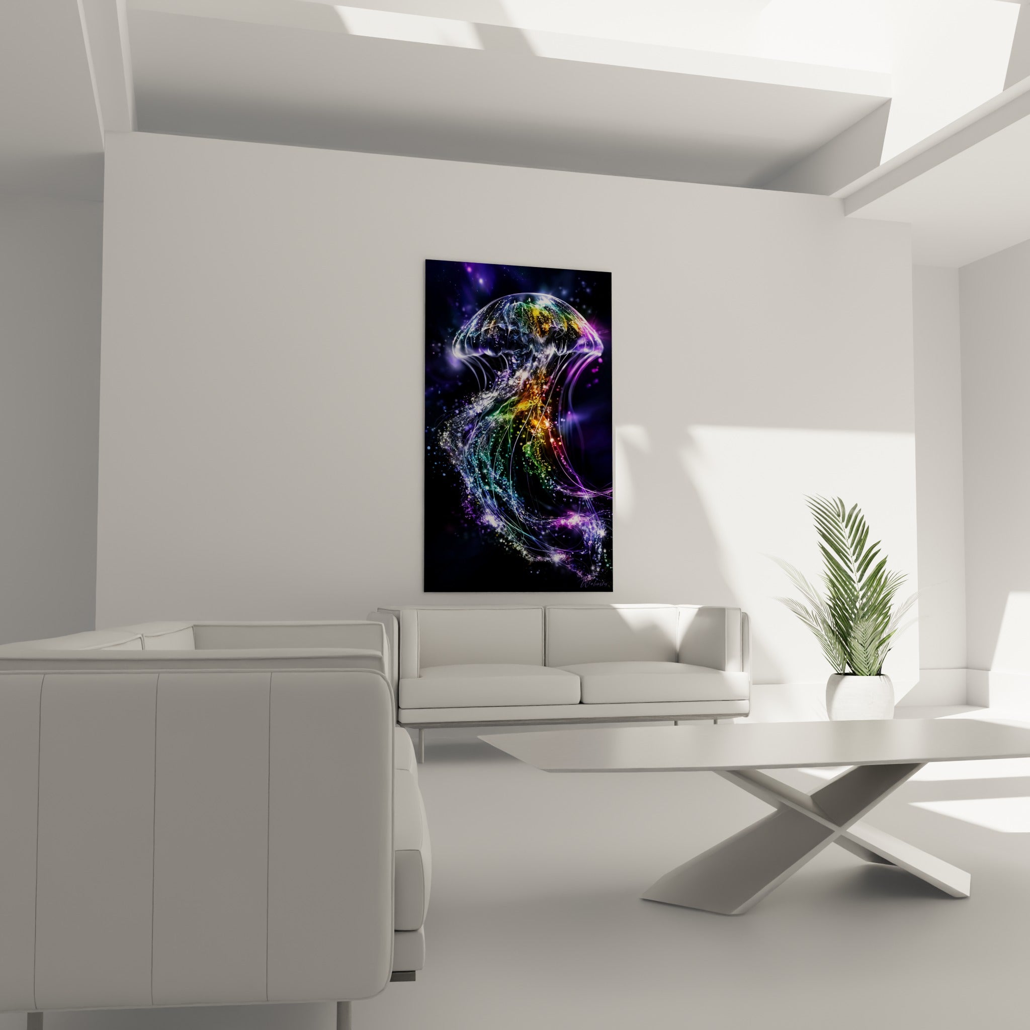 Méduse lumineuse violette et émeraude, disposée au-dessus d'un canapé dans un salon lumineux