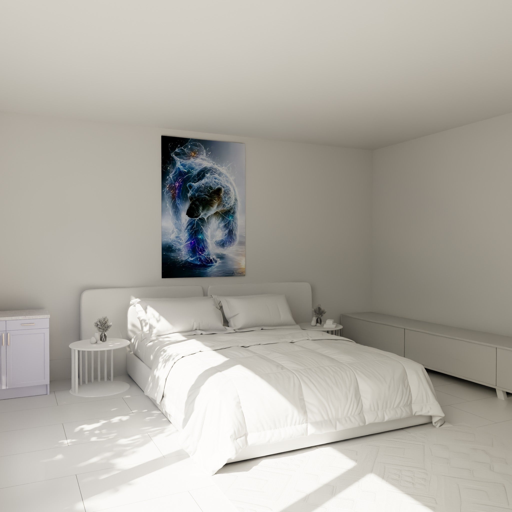 Silhouette d'ours polaire bleu glacier et blanc au-dessus d'un lit dans une chambre claire