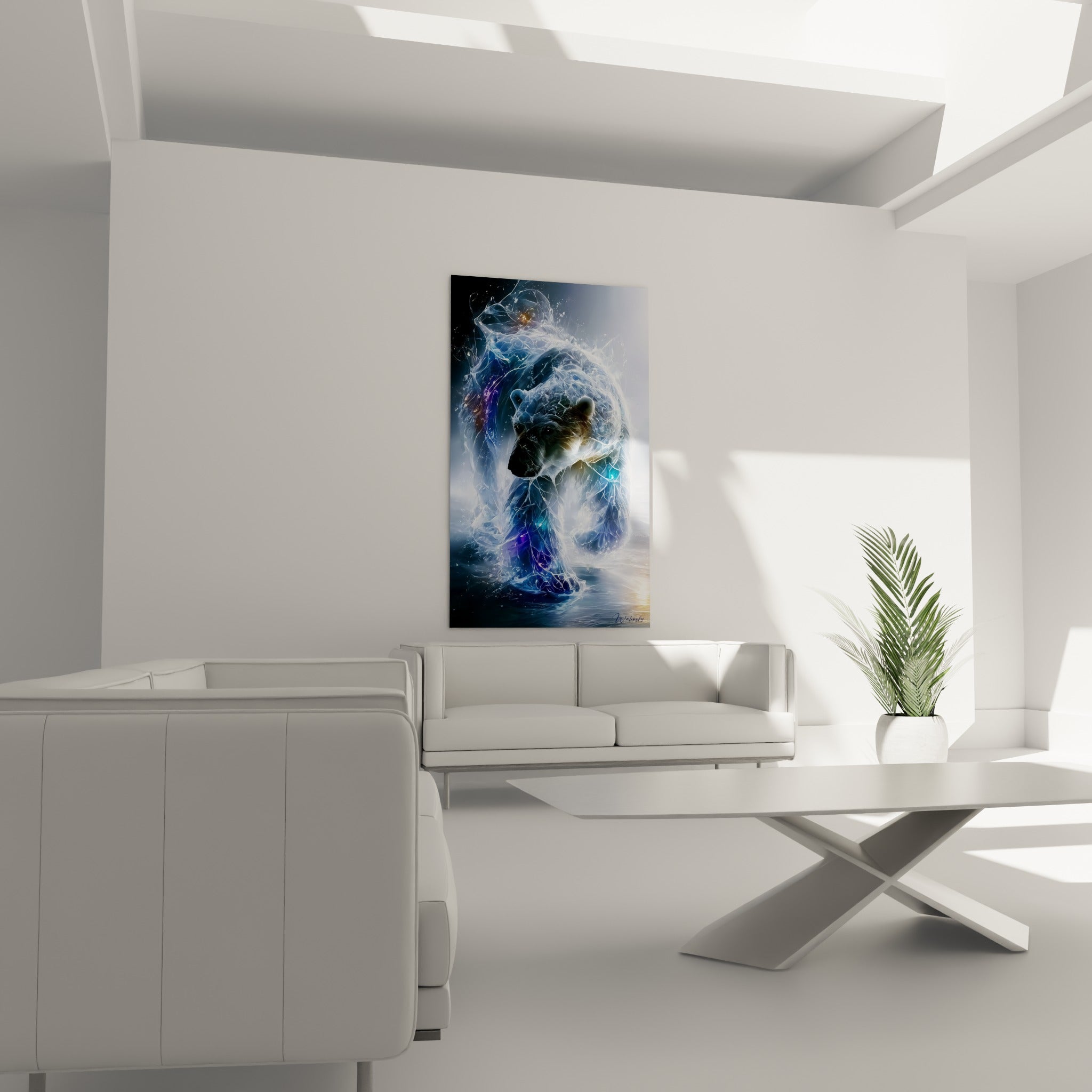 Ours spectral bleu marine et violet illuminé au-dessus d'un canapé dans un salon lumineux