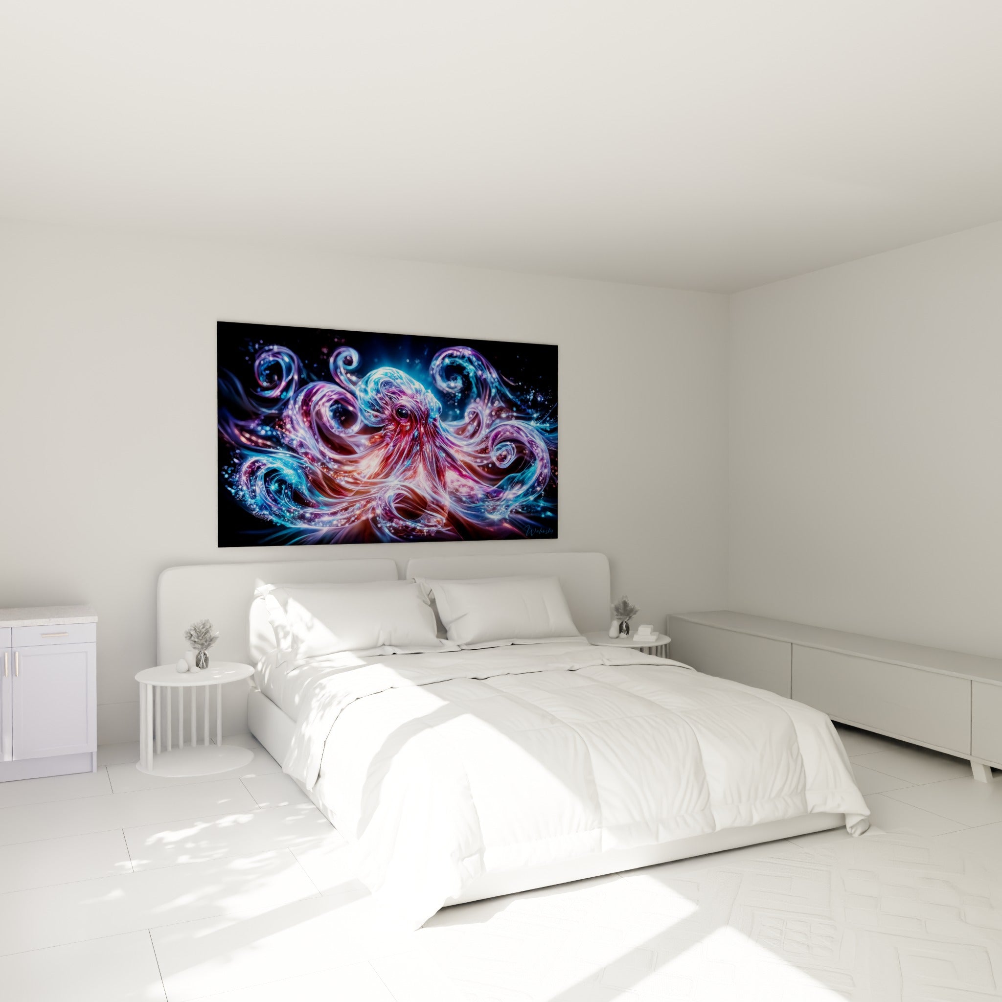 Créature marine luminescente bleu et rose, tableau Animaux spectraux au-dessus d'un lit dans une chambre claire