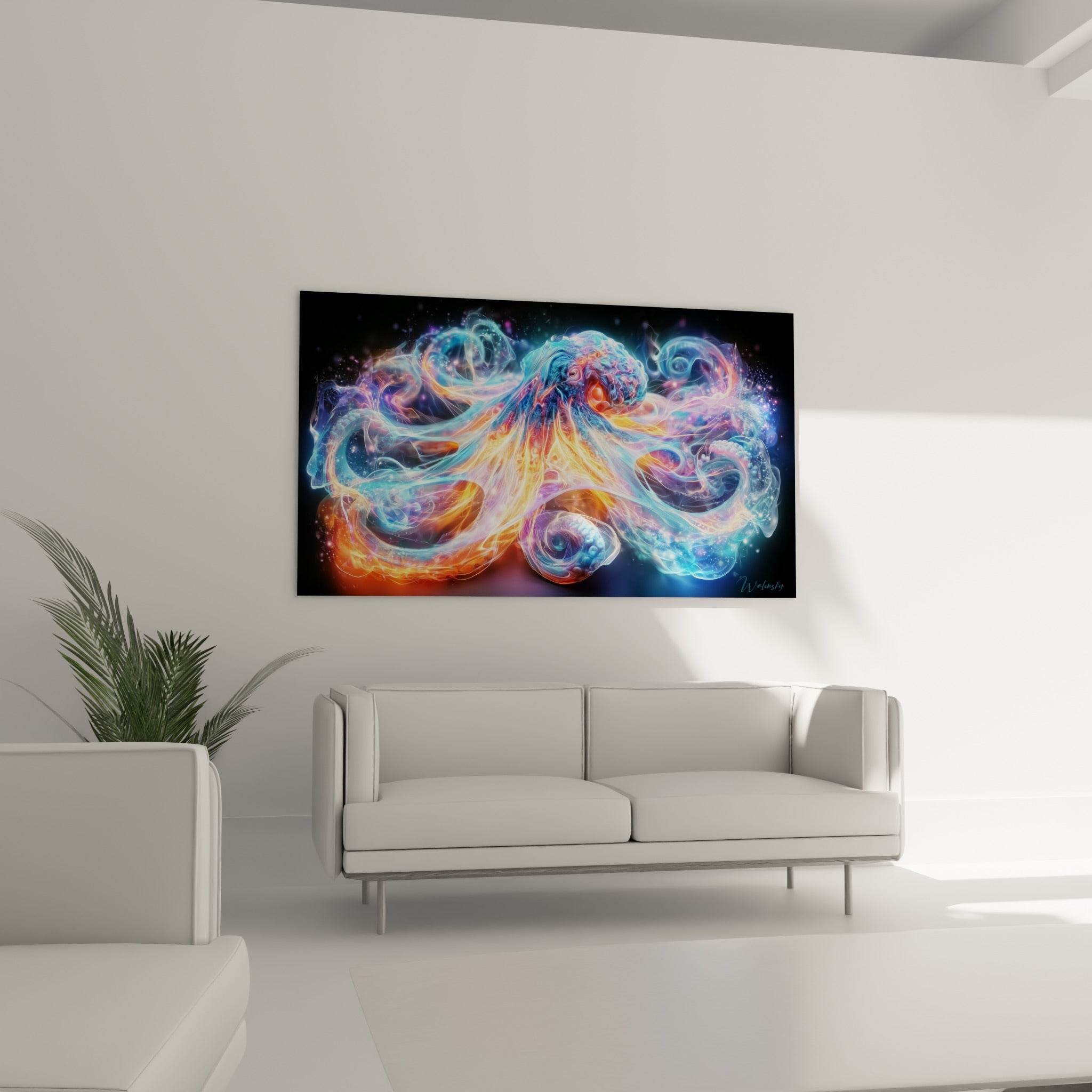 Tentacules fumés bleu et orange d'un poulpe spectral suspendus au-dessus d'un canapé dans un salon lumineux