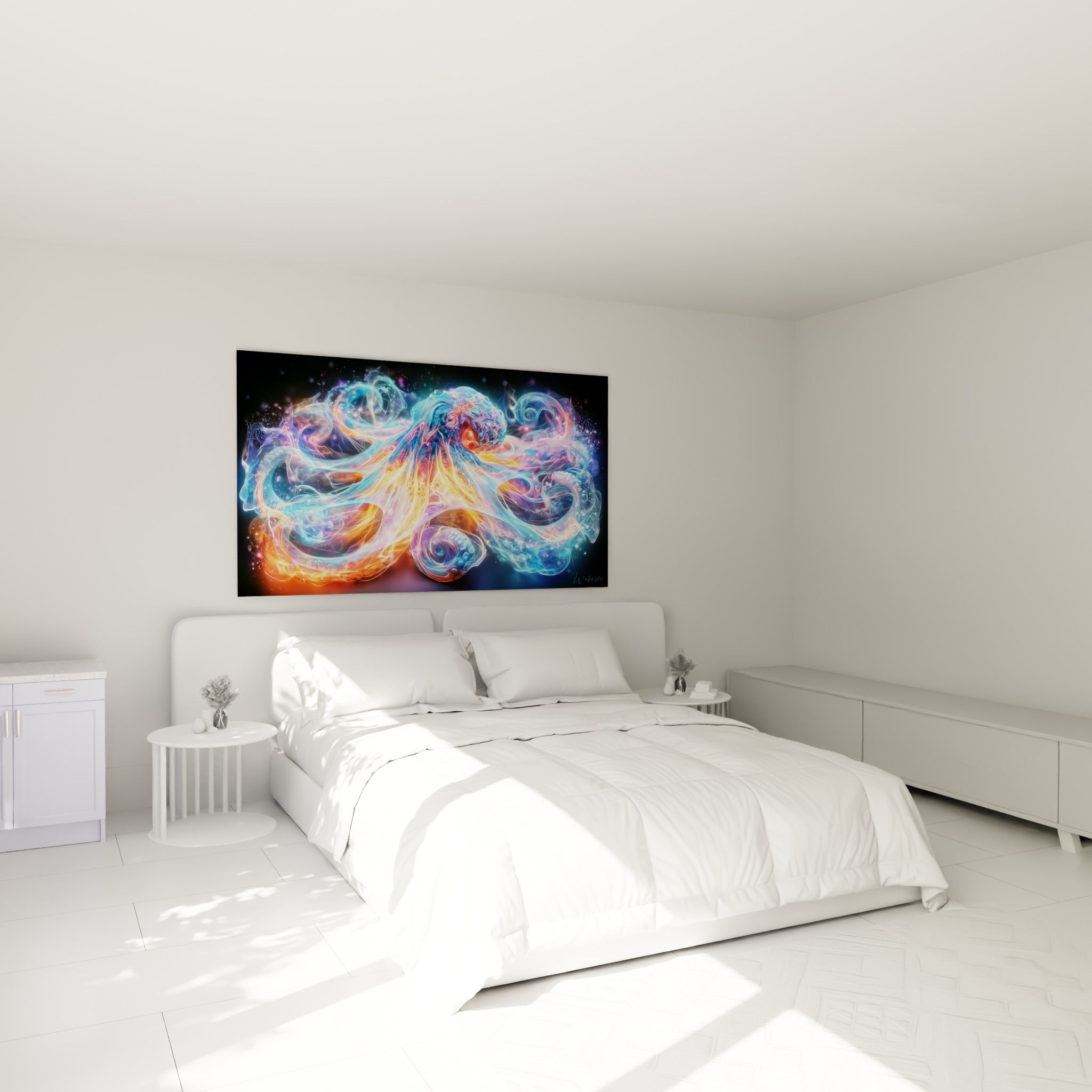 Créature marine lumineuse turquoise et orange flottant au-dessus d'un lit dans une chambre claire