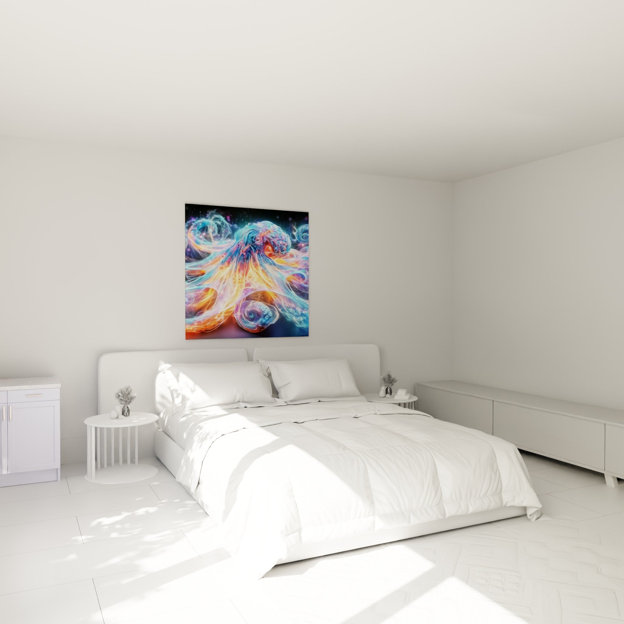 Créature marine bleue et orange lumineuse déployée au-dessus d'un lit dans une chambre claire
