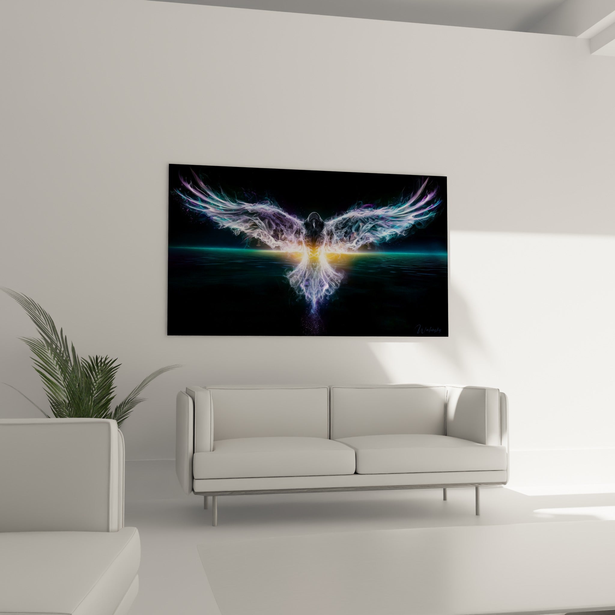 Rapace lumineux anthracite et doré aux plumes vaporeuses, au-dessus d'un canapé dans un salon lumineux