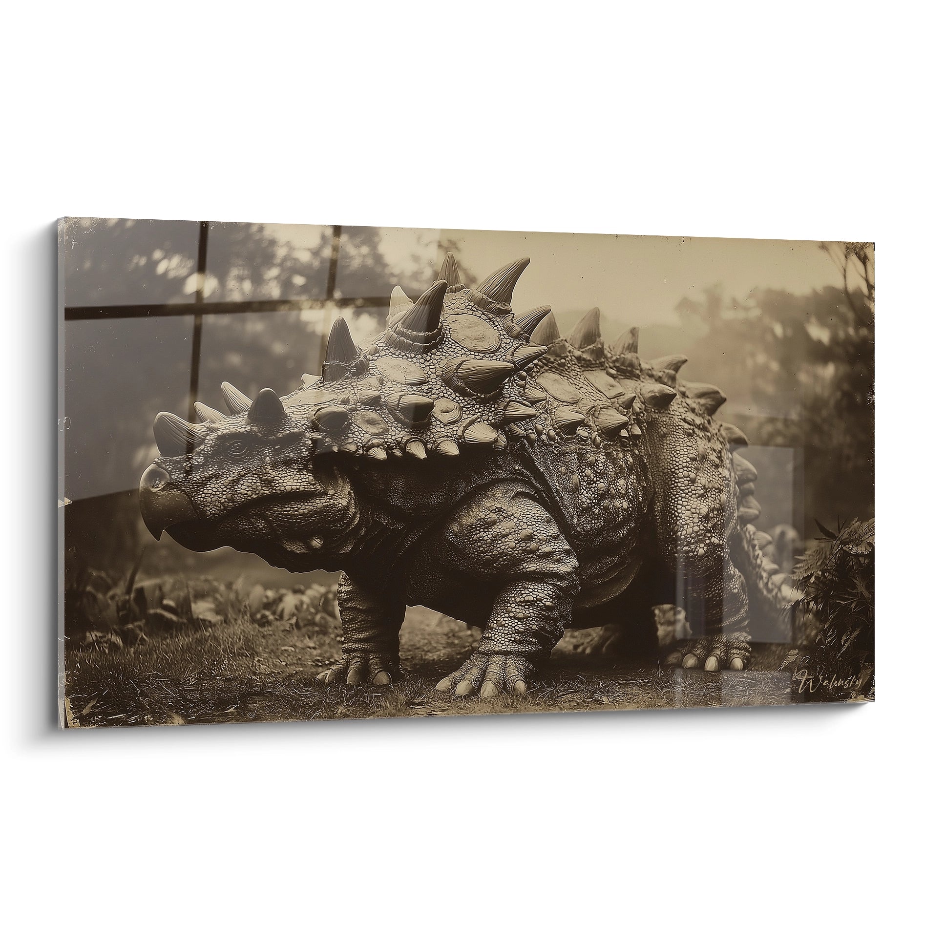 Tableau mural ankylosaure préhistorique style vintage sépia avec détails anatomiques réalistes