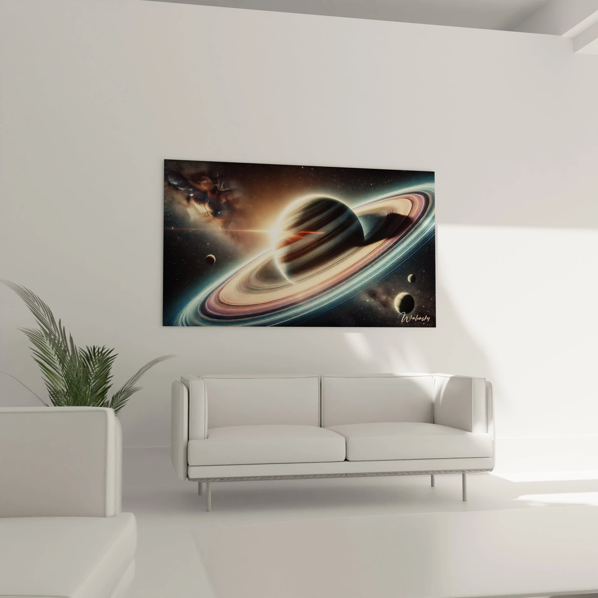 tableau espace au-dessus d'un canapé salon élégant tons or beige marine et relief subtil des anneaux stellaires