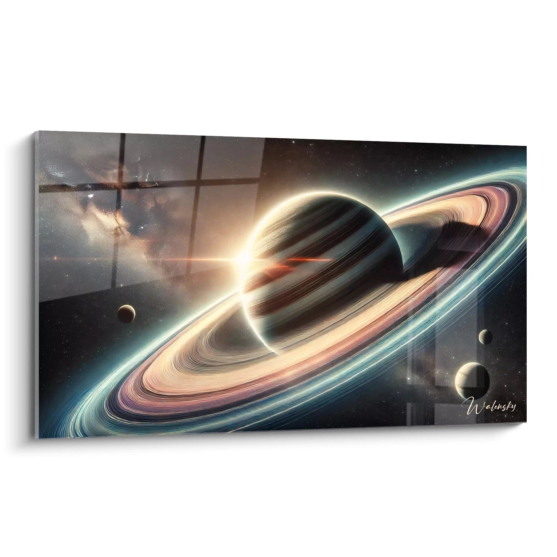 tableau espace vu de biais nuances dorées et marines fusionnées capturant les anneaux texturés et lueur cosmique unique