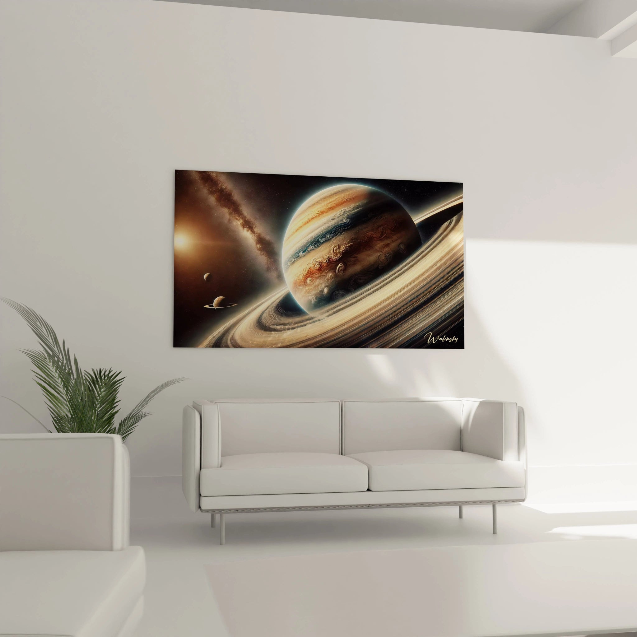 Dans un salon, ce tableau espace sublime le mur au-dessus d'un canape avec les tourbillons marrons et anneaux dores de Jupiter, offrant un point focal elegant et fascinant.