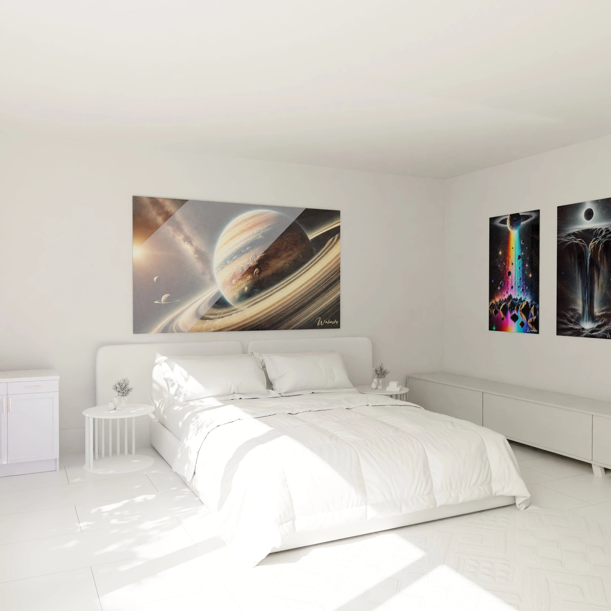 Le tableau espace illumine une chambre avec ses nuances d'or et bleu, representant Jupiter et ses anneaux dans une danse celeste, evoquant grandeur et reflexion dans une ambiance apaisante.