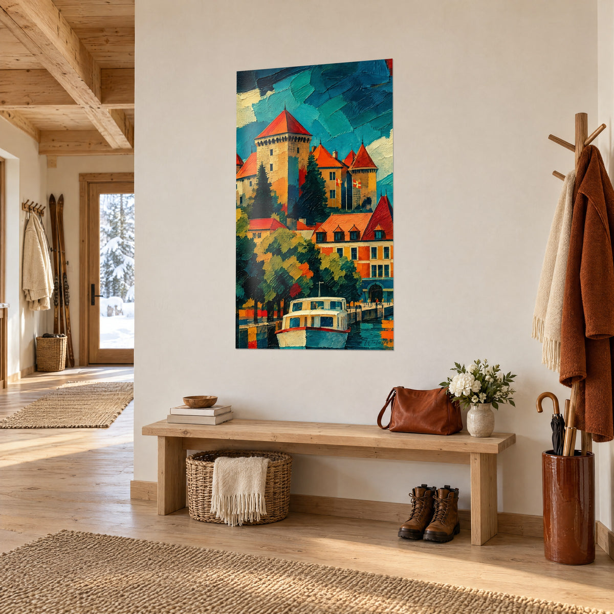 Façades ocre et toits terracotta du château surplombant un canal bleu, au-dessus d'un canapé dans un salon lumineux