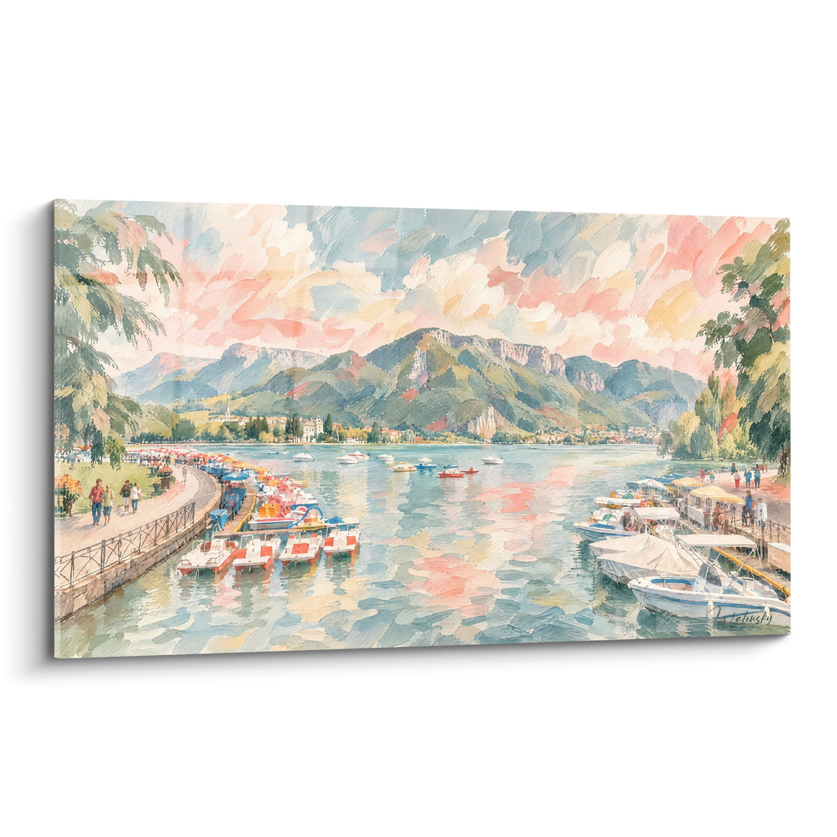 Barques rouges et bleues amarrées sur le lac d'Annecy, ciel rosé et montagnes vertes en aquarelle