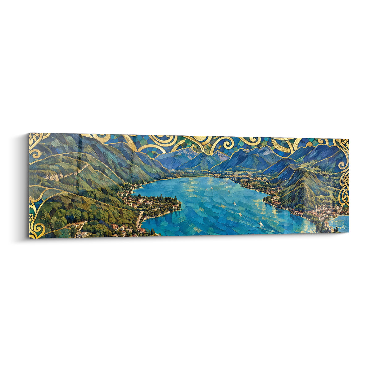 Lac d'Annecy en bleu turquoise et vert, montagnes et arabesques dorées encadrant le panorama