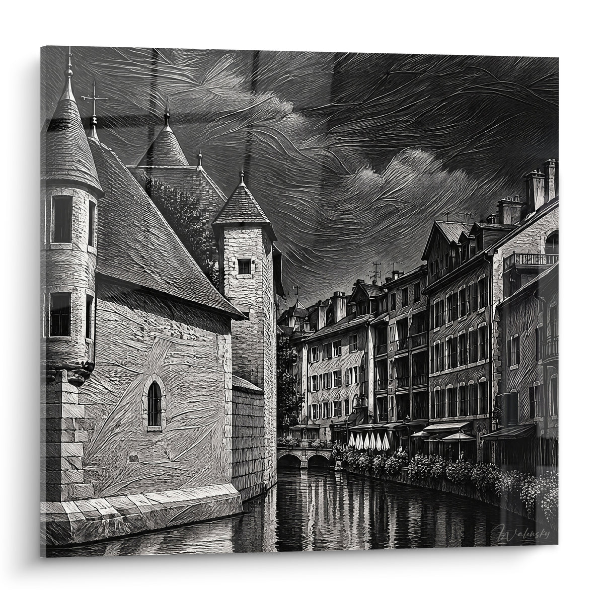Palais de l'Isle gravé en noir et blanc, tourelles de pierre et canal reflétant les façades d'Annecy