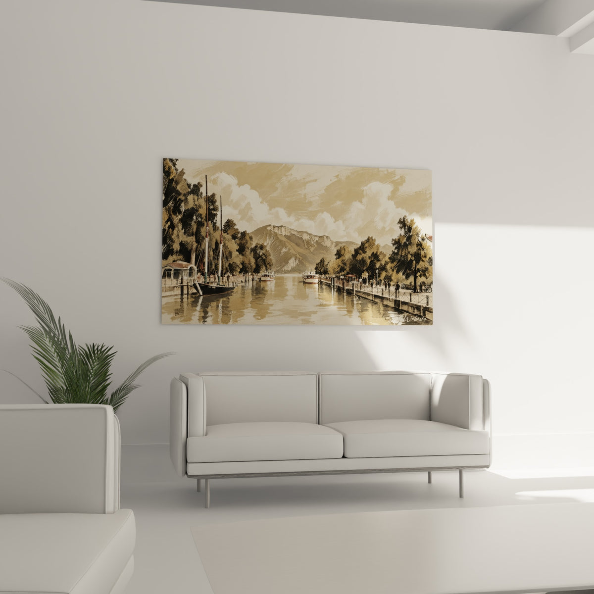 Promeneurs discrets le long du canal beige et brun de ce tableau, au-dessus d'un canapé dans un salon lumineux