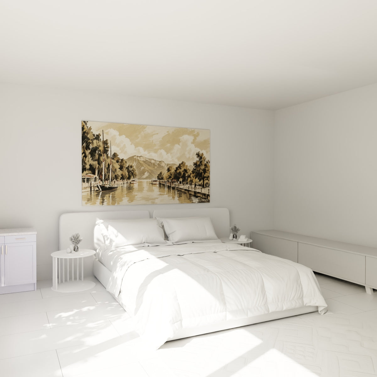Voiliers aux mâts noirs et quai ocre sur ce tableau, accroché au-dessus d'un lit dans une chambre claire