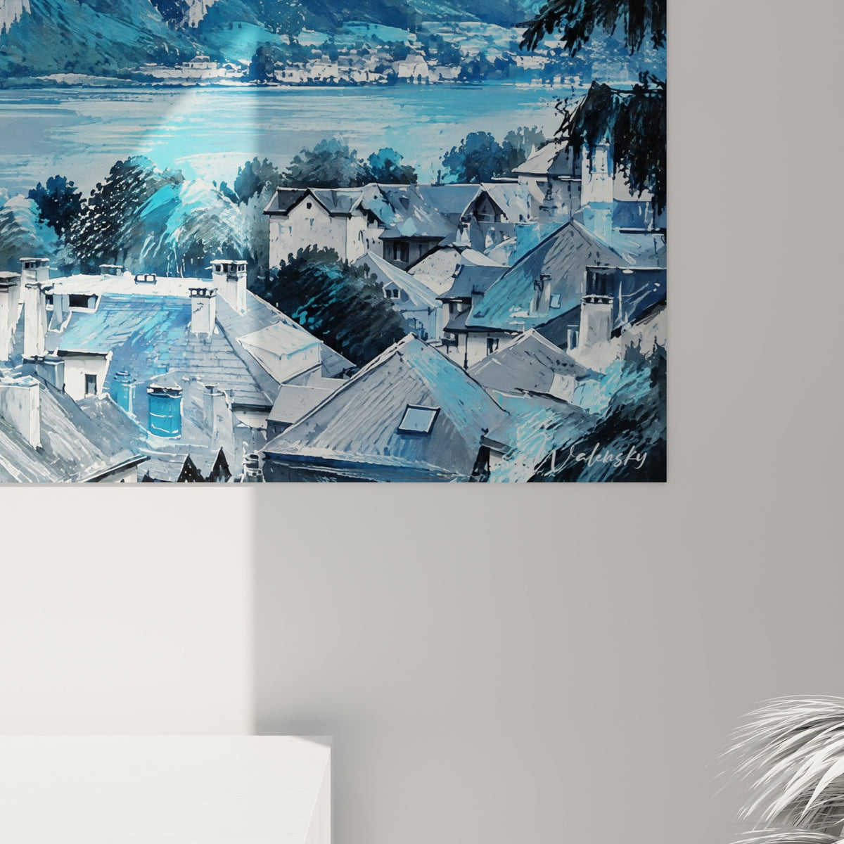 Quadro paesaggio lacustre blu reale e grigio acciaio, angolo in basso a destra: vetro acrilico lucido a sinistra, Dibond opaco a destra, spessore 3 mm