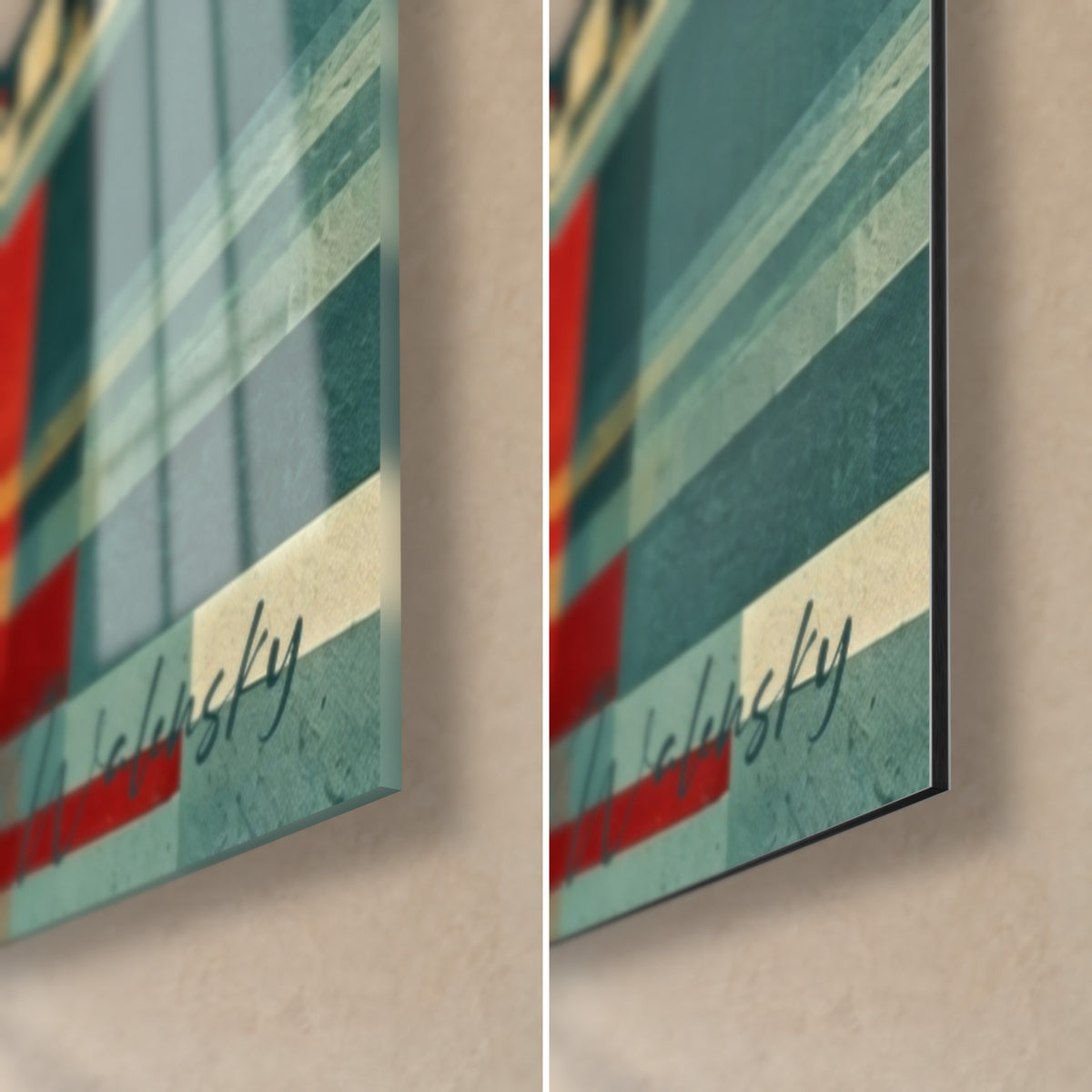 Détail des textures géométriques d'Annecy, grain beige et aplats rouge écarlate se touchant en surface