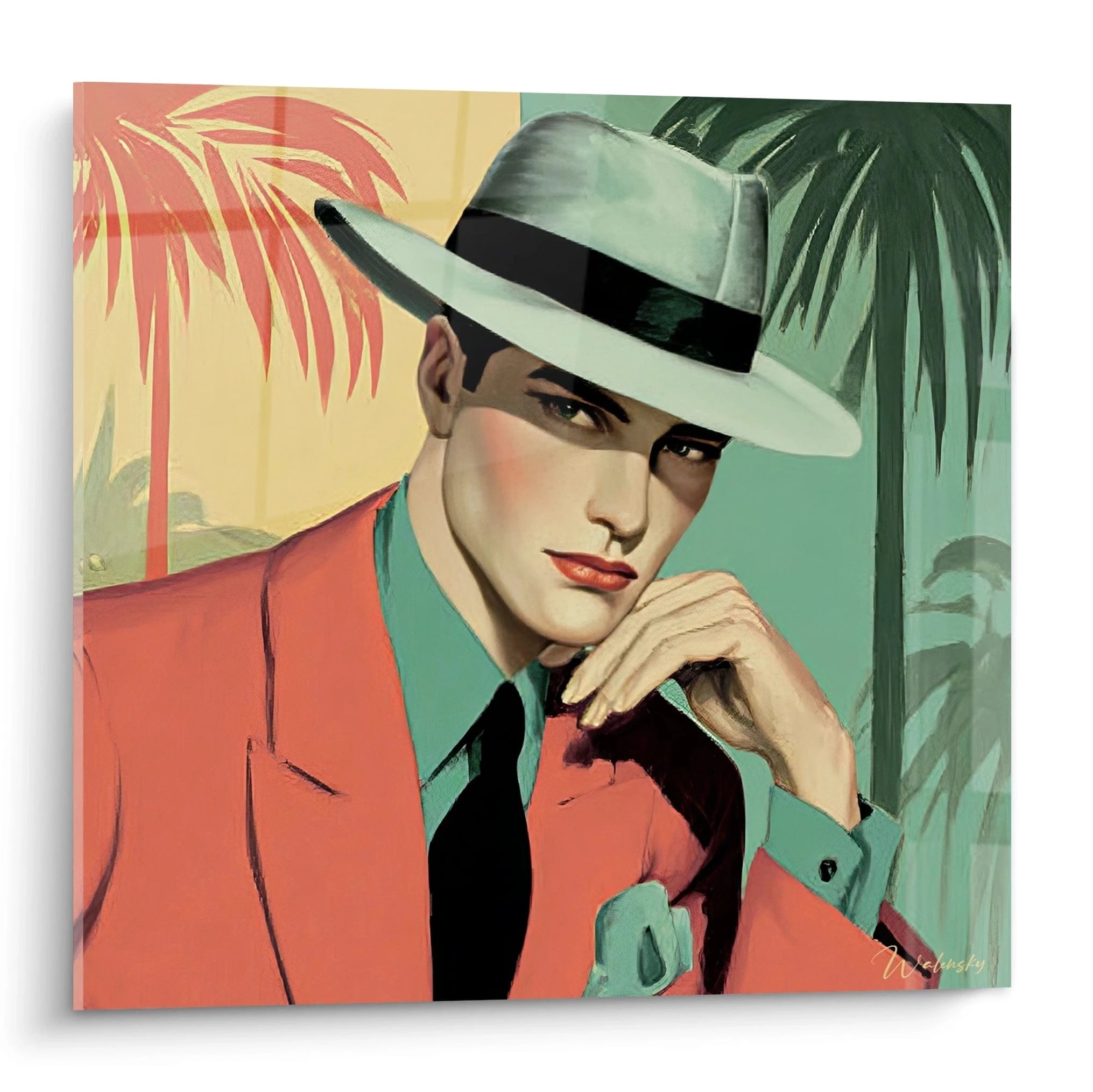 Tableau mural années 50 vintage représentant un homme élégant avec un chapeau et un arrière-plan tropical