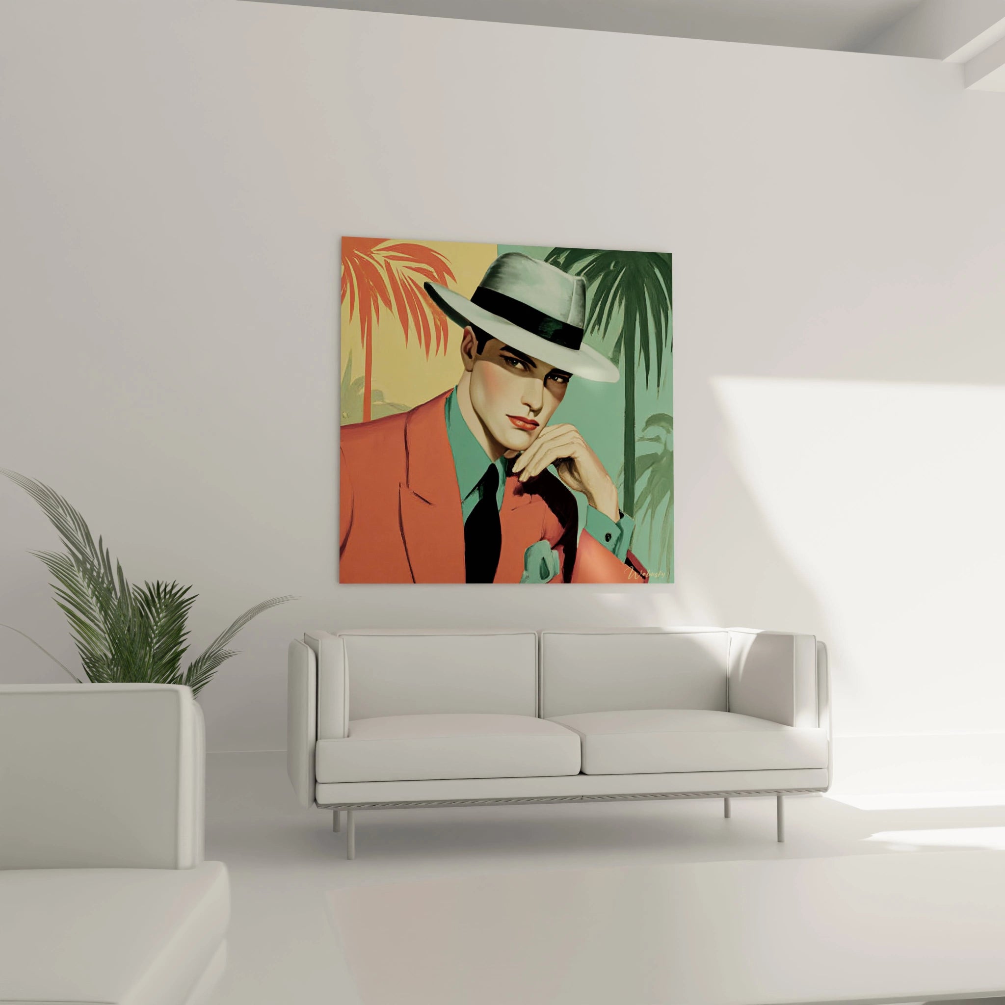 Tableau années 50 vintage représentant un homme élégant en costume rose avec un chapeau, décor tropical