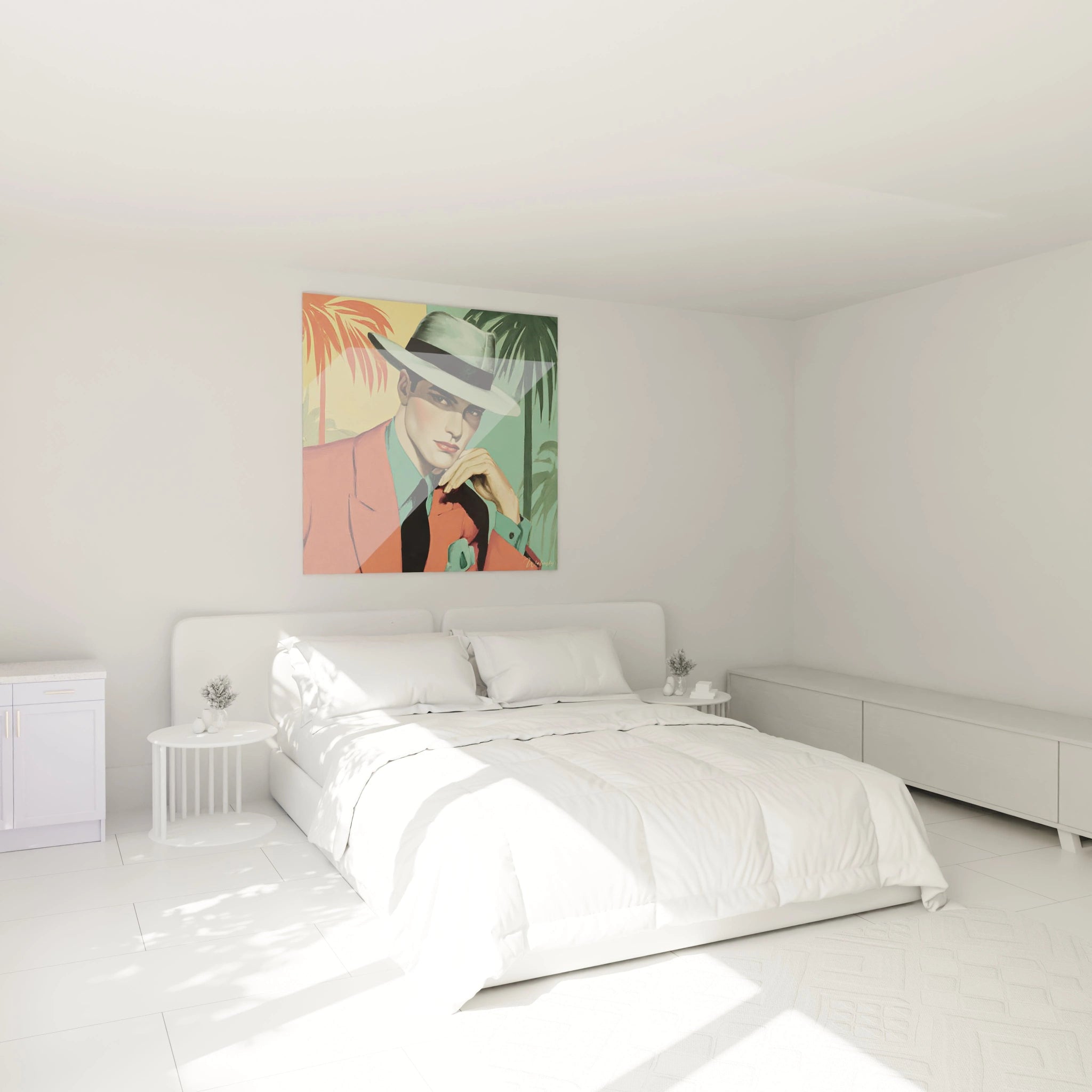 Tableau années 50 vintage représentant un homme élégant dans une chambre moderne et lumineuse