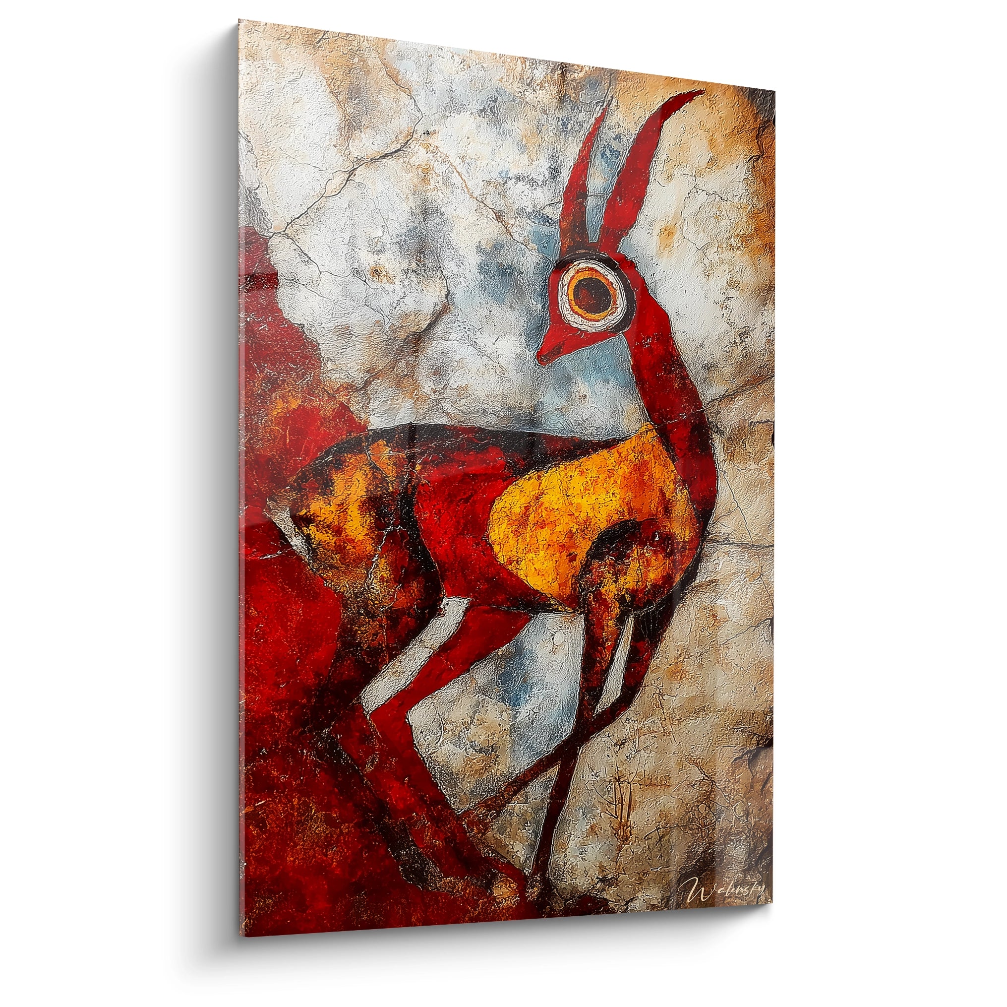 Tableau mural antilope rouge stylisée sur fond ocre texturé, art préhistorique moderne pour décoration