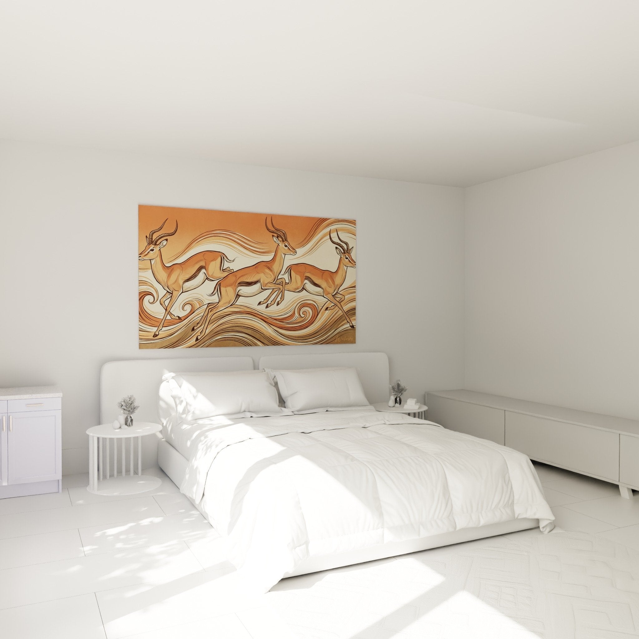 Antilopenbild warme Töne Ocker im Schlafzimmer natürliche elegante Atmosphäre