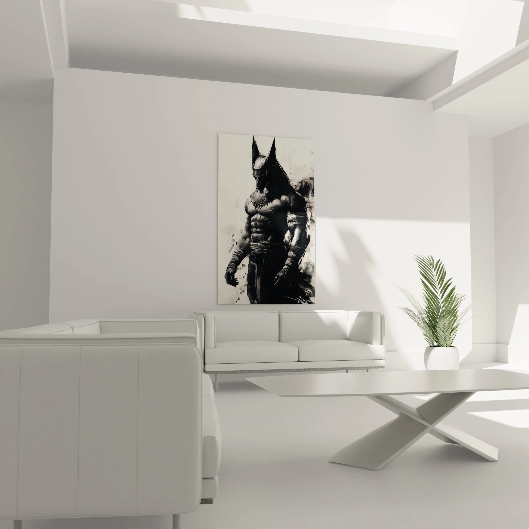 Un tableau Anubis expressionniste présentant le gardien de l'au-delà émergeant des ombres, réalisé en noir, blanc et gris, avec des traits énergiques créant mouvement et tension, et une attention particulière aux détails du museau et du torse.