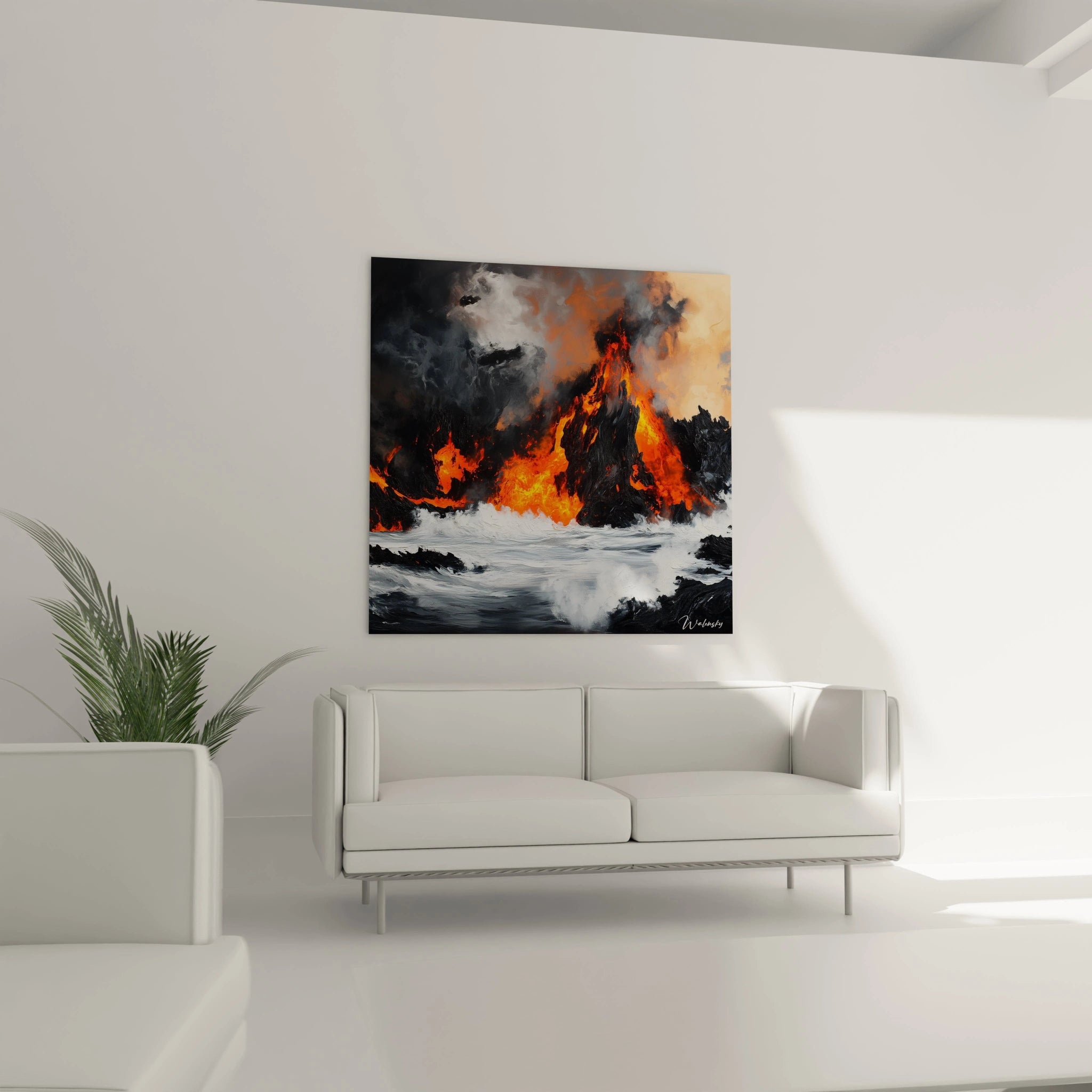 Tableau expressionniste abstrait de Walensky représentant un paysage de feu avec des flammes vives