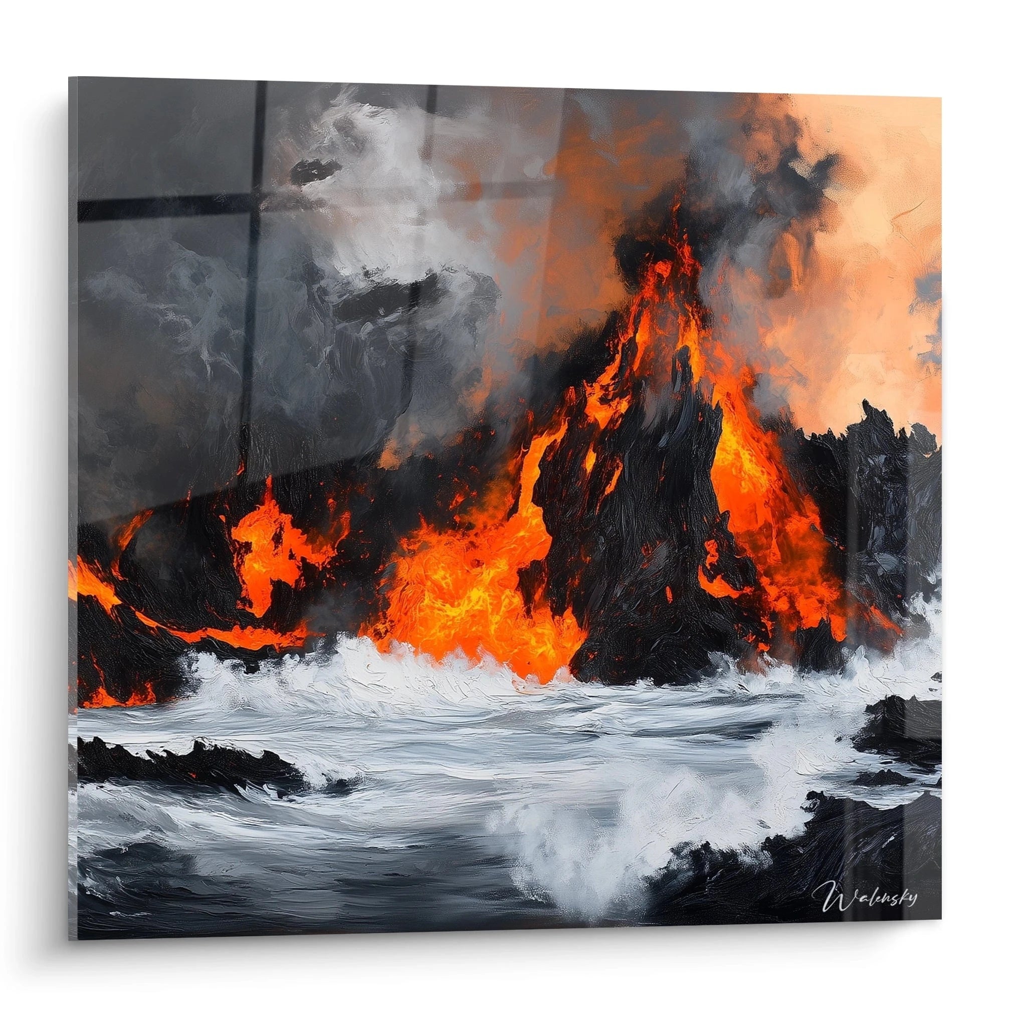 Tableau abstrait expressionniste de Walensky représentant une éruption volcanique avec des flammes et des vagues