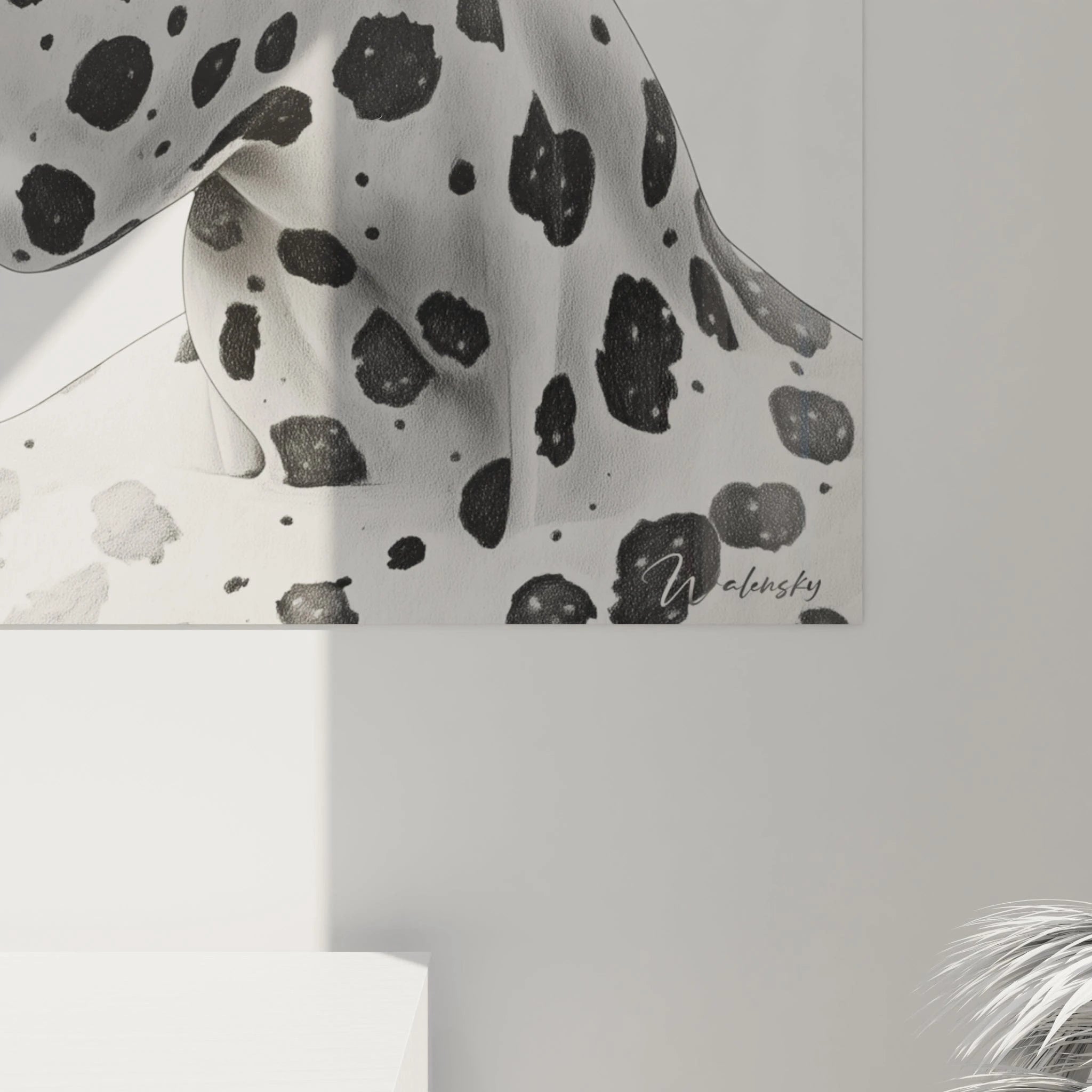 Tableau visage noir et blanc d'un animal avec des taches, signé Walensky