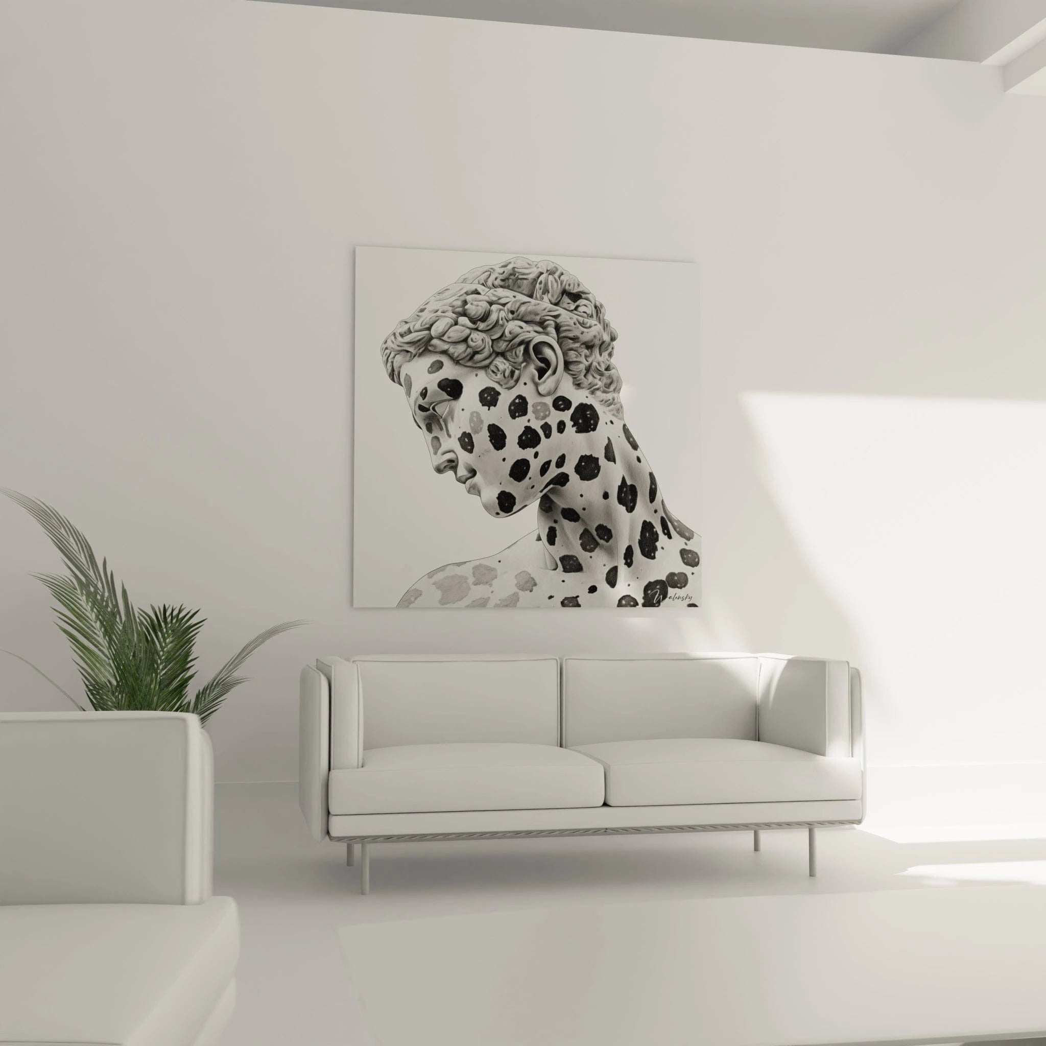 Tableau visage noir et blanc de Walensky avec un portrait stylisé en taches sur fond clair