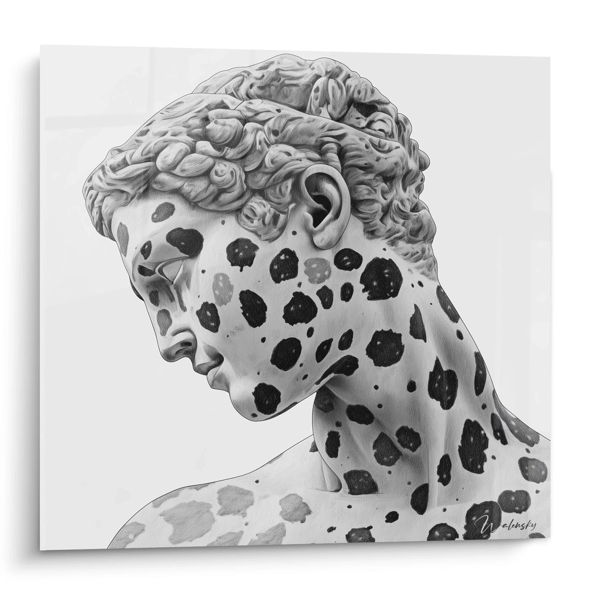 Tableau visage en noir et blanc avec motifs noirs sur fond blanc par Walensky