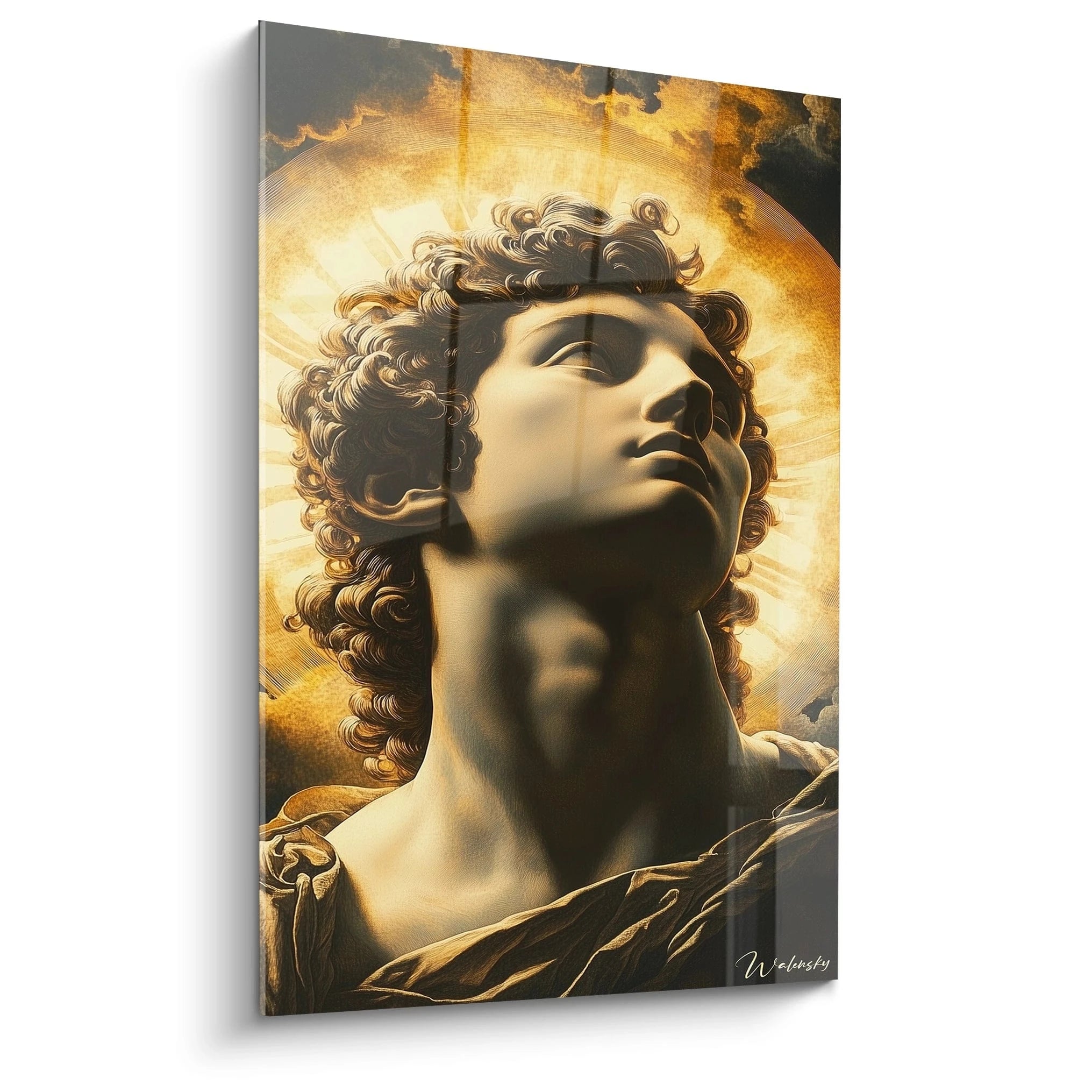 Un tableau Apollon représentant le dieu grec au profil noble, visage tourné vers le ciel, entouré d'un halo doré rayonnant. Teintes or, beige et noir créent un contraste dramatique. Détails précis des boucles et texture lisse du visage évoquent le marbre classique.