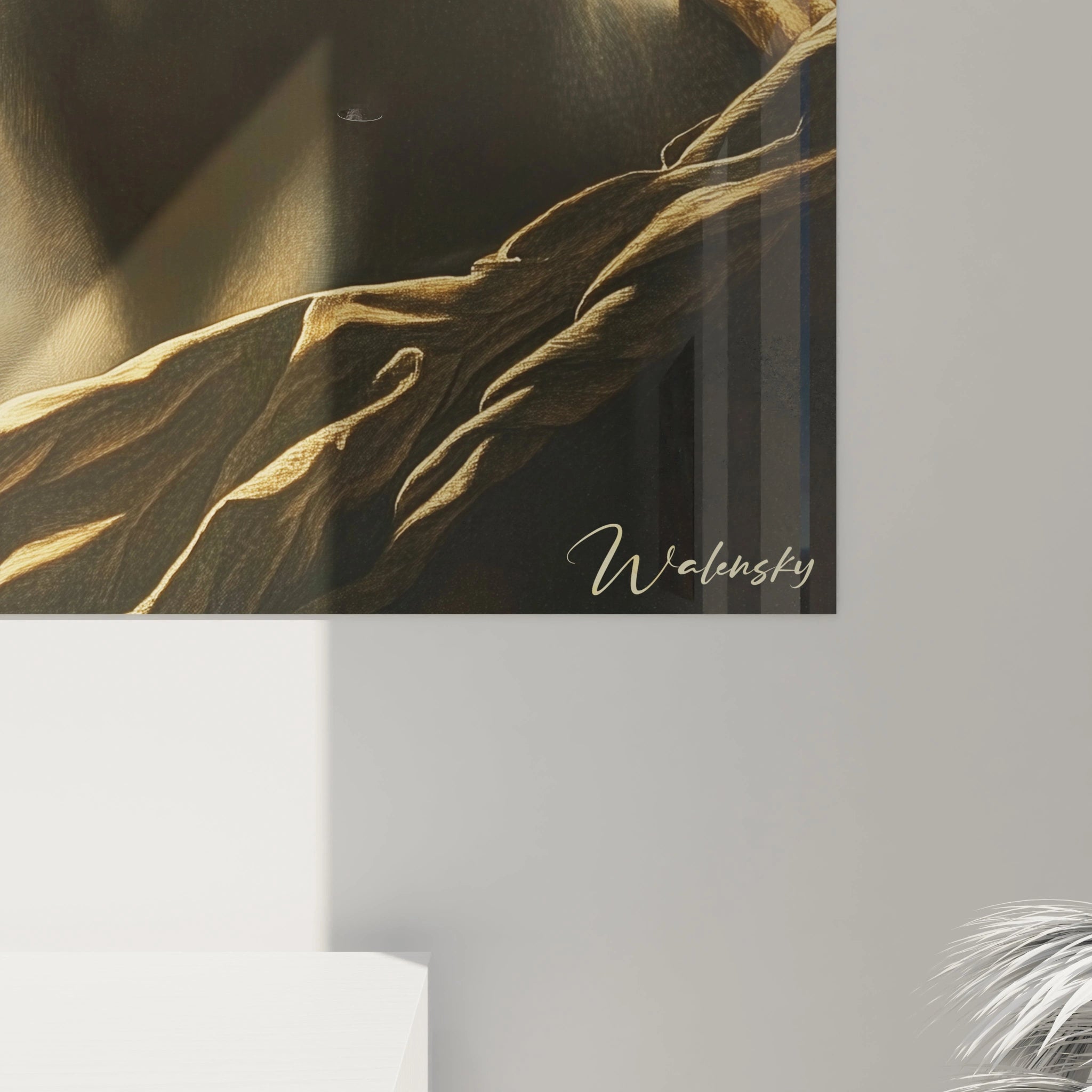 Tableau Apollon présentant un portrait néoclassique du dieu grec, baigné dans une lumière dorée radiale. Visage aux proportions idéales avec une peau ivoire et des boucles brunes définies. Contraste marqué entre zones illuminées et ombres profondes créant un effet tridimensionnel saisissant.