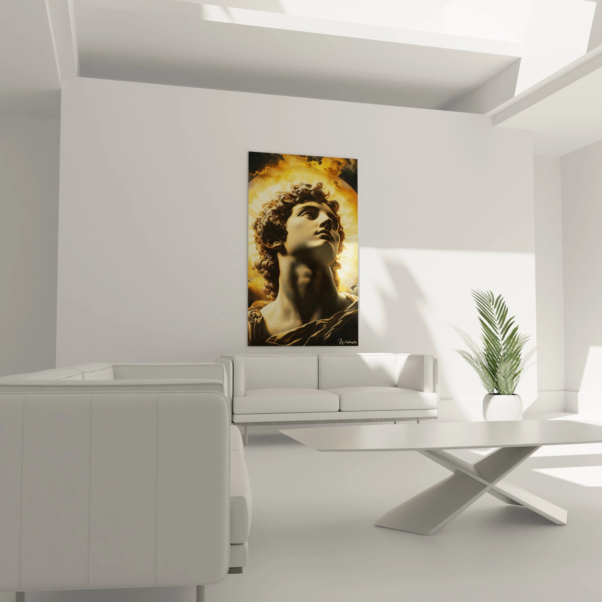 Un tableau Apollon capturant le dieu solaire en vision rapprochée, tête légèrement inclinée vers le haut. Composition centrée dans des tons or, beige et noir profond. Traitement réaliste du visage contrastant avec l'arrière-plan abstrait lumineux. Drapé visible sur l'épaule.