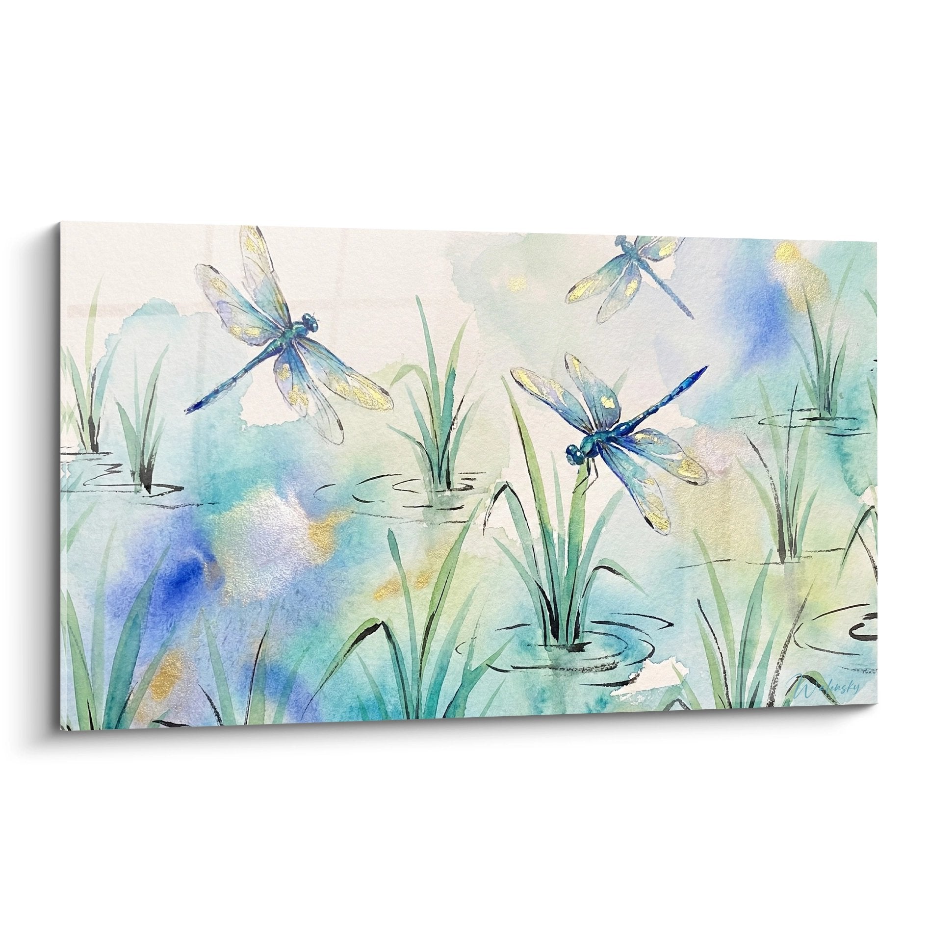 Tableau aquarelle libellules bleues voltigeant au-dessus etang avec roseaux verts edition rizieres