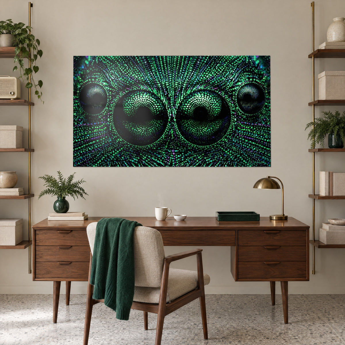 Πίνακας συναρπαστικού πορτρέτου αράχνης από πράσινες και μωβ χάντρες, γυαλιστερές μαύρες κόρες, πάνω από ξύλινο γραφείο