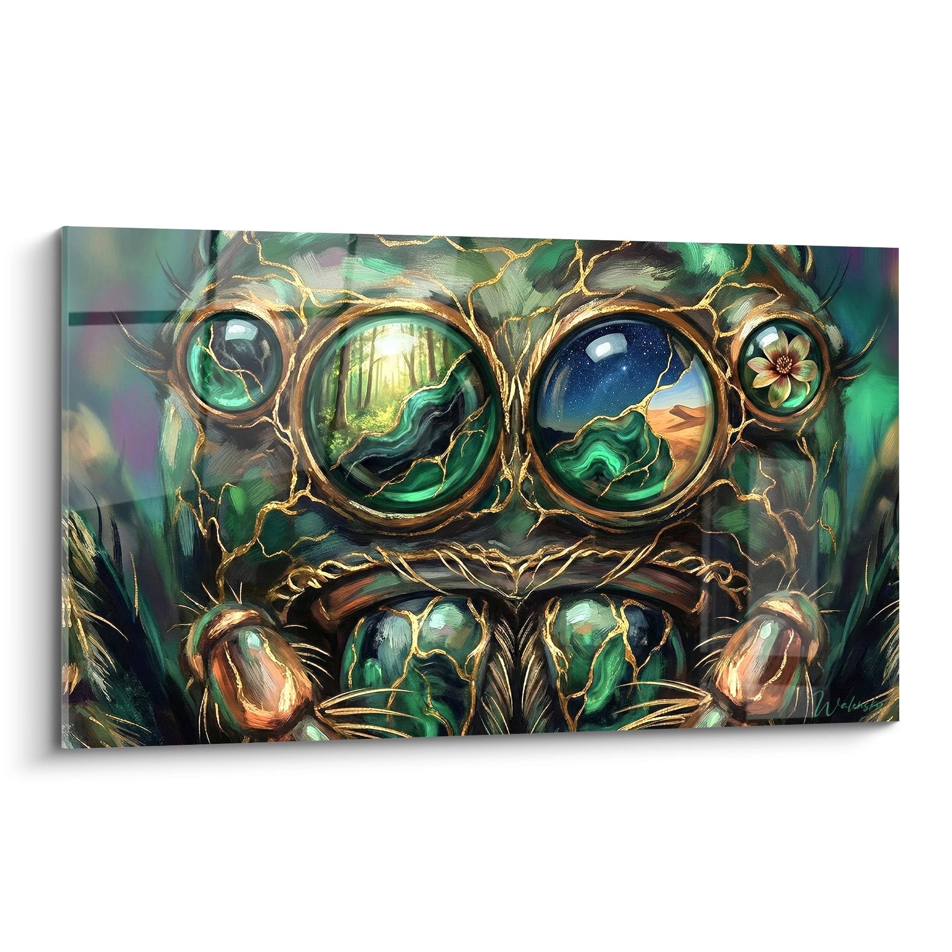 Kunstvolles Spinnenbild mit mystischen mehreren goldenen Augen und smaragdgrünen Reflexen auf dunklem künstlerischem Hintergrund