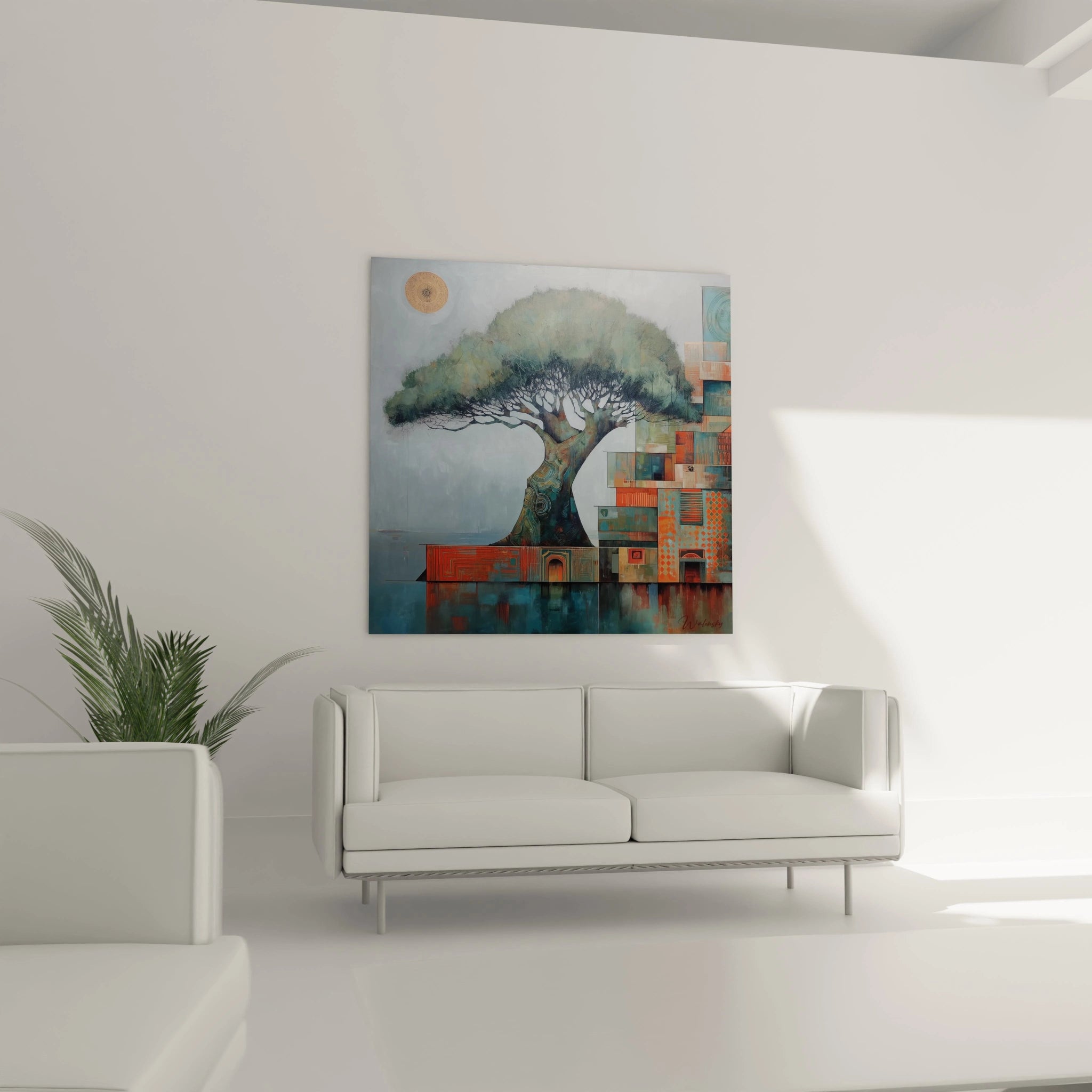 Tableau mural arbre baobab de Walensky dans un décor moderne avec canapé blanc