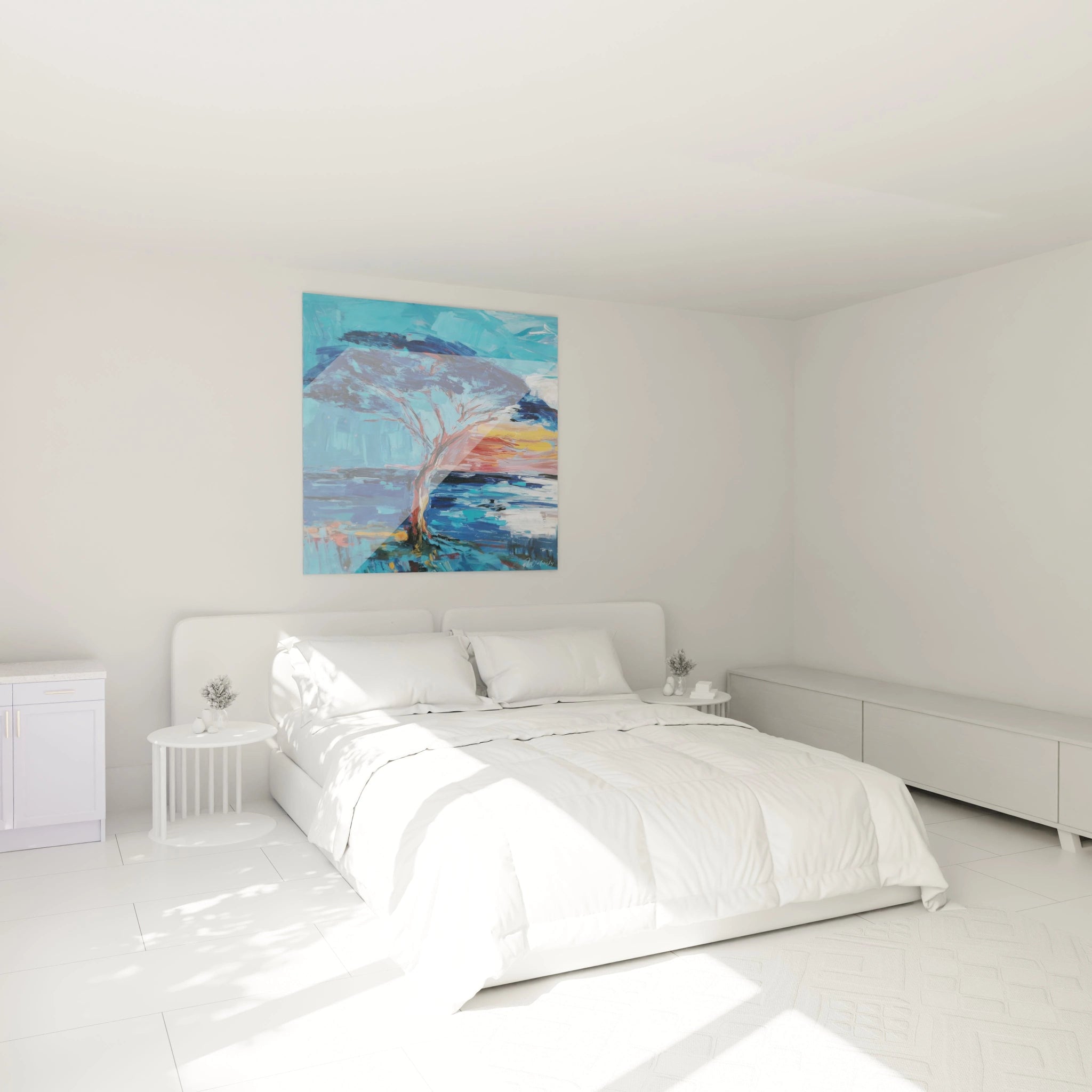 Tableau mural baobab africain moderne sur un mur de chambre lumineuse avec lit blanc