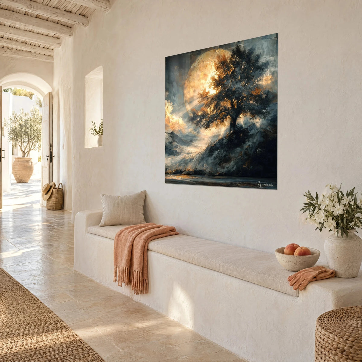 Wall art gnarled tree backlit by an amber full moon, grey-blue clouds, three-quarter view, bench of a Mediterranean house
