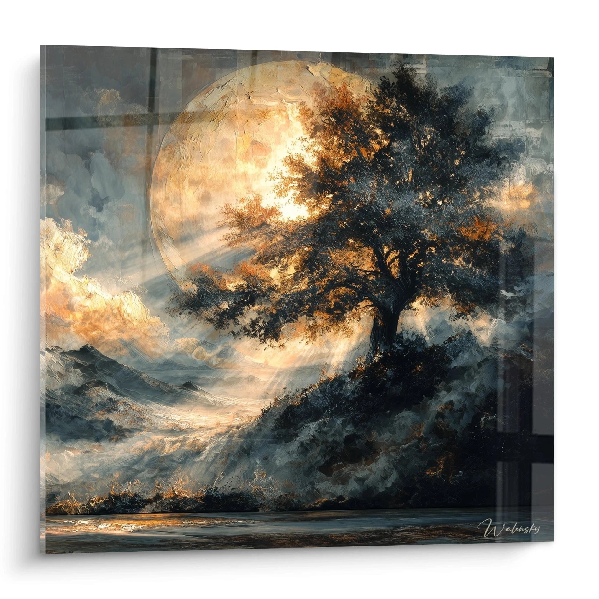 tableau gothique arbre Walensky tableau mural arbre silhouette devant une lune dorée et nuages dramatiques