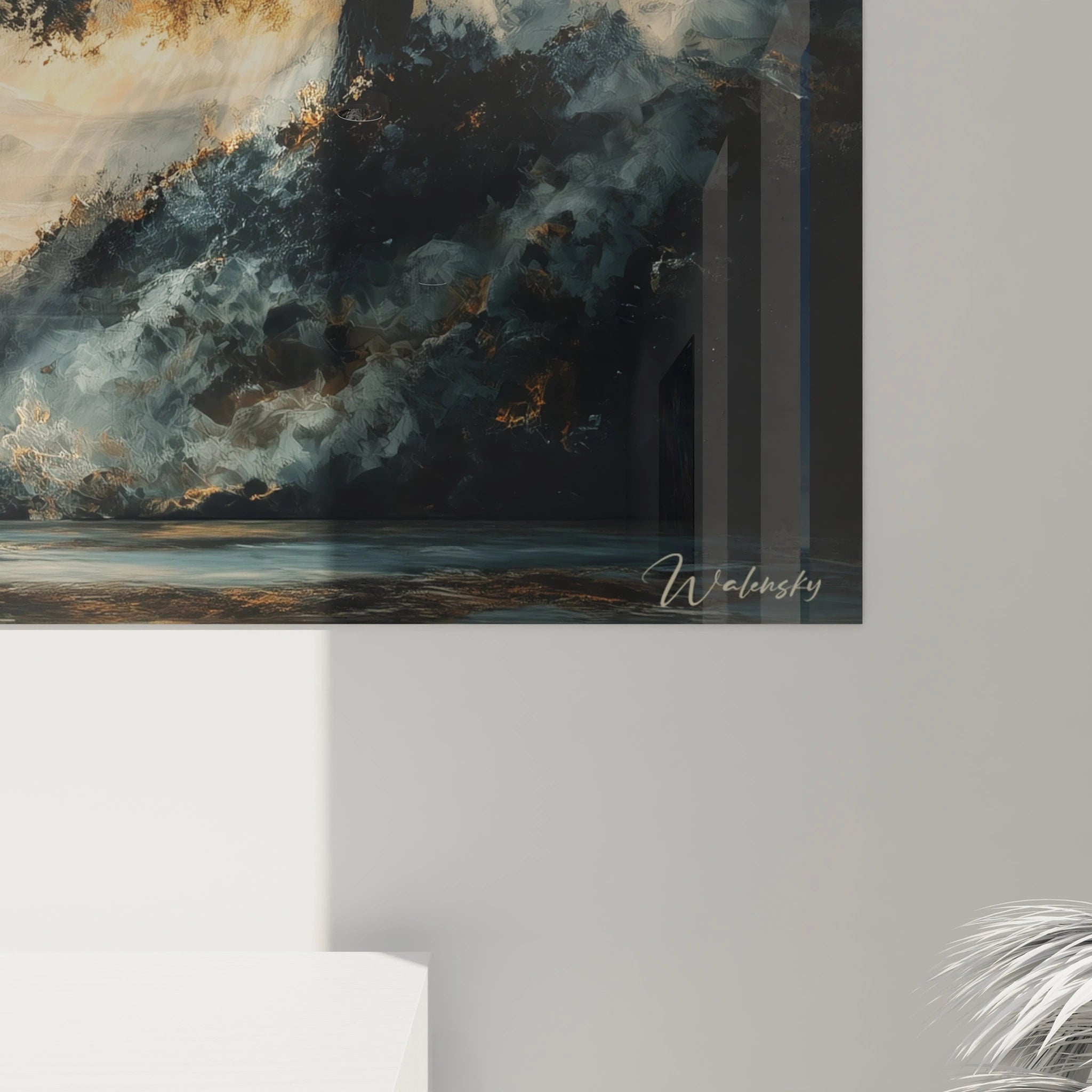 Tableau mural Walensky tableau gothique arbre paysage abstrait sombre bleu canard et touches dore signature en bas a droite