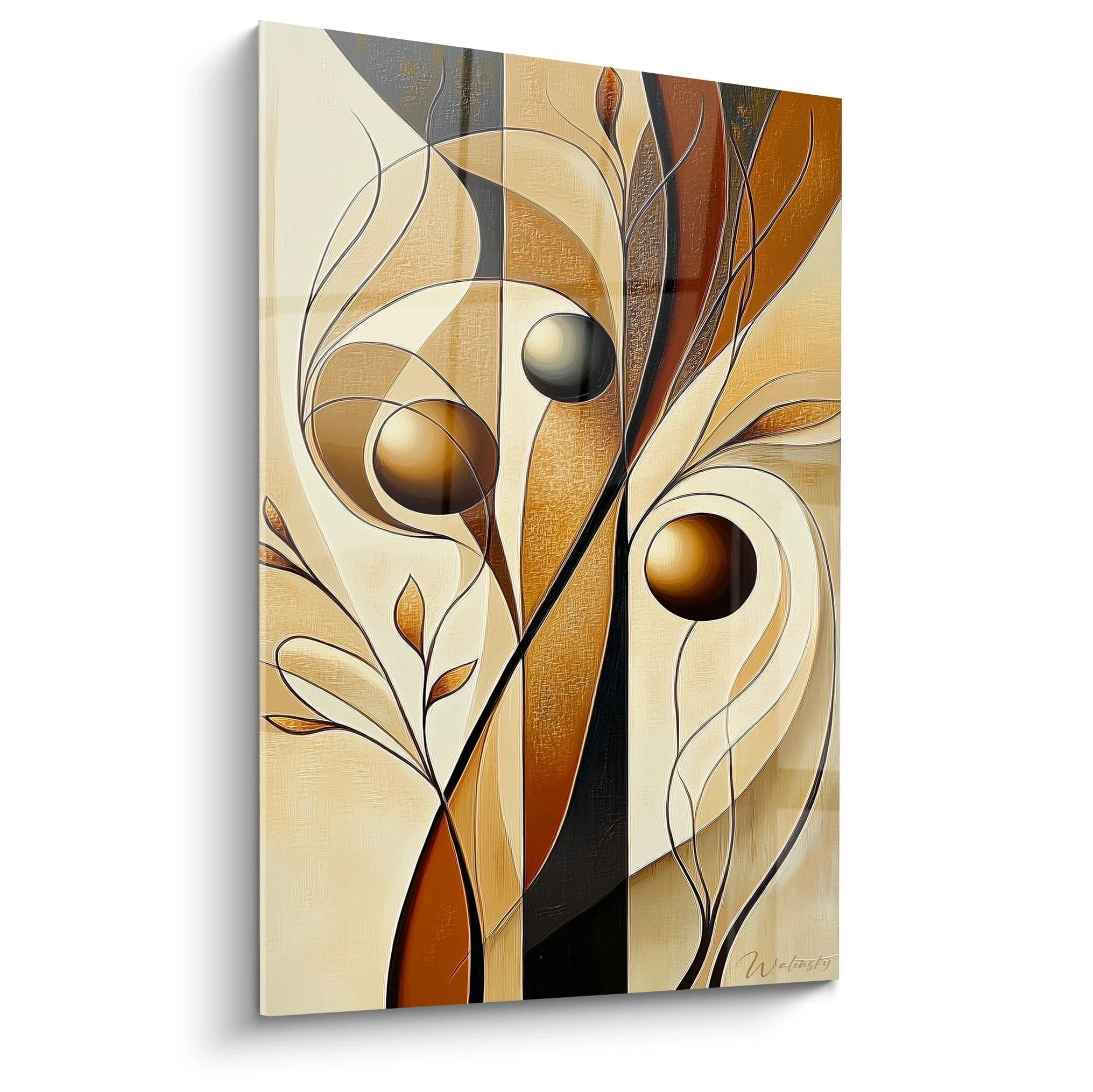 Tableau africain mural abstrait Walensky avec formes organiques marron et beige décoratives