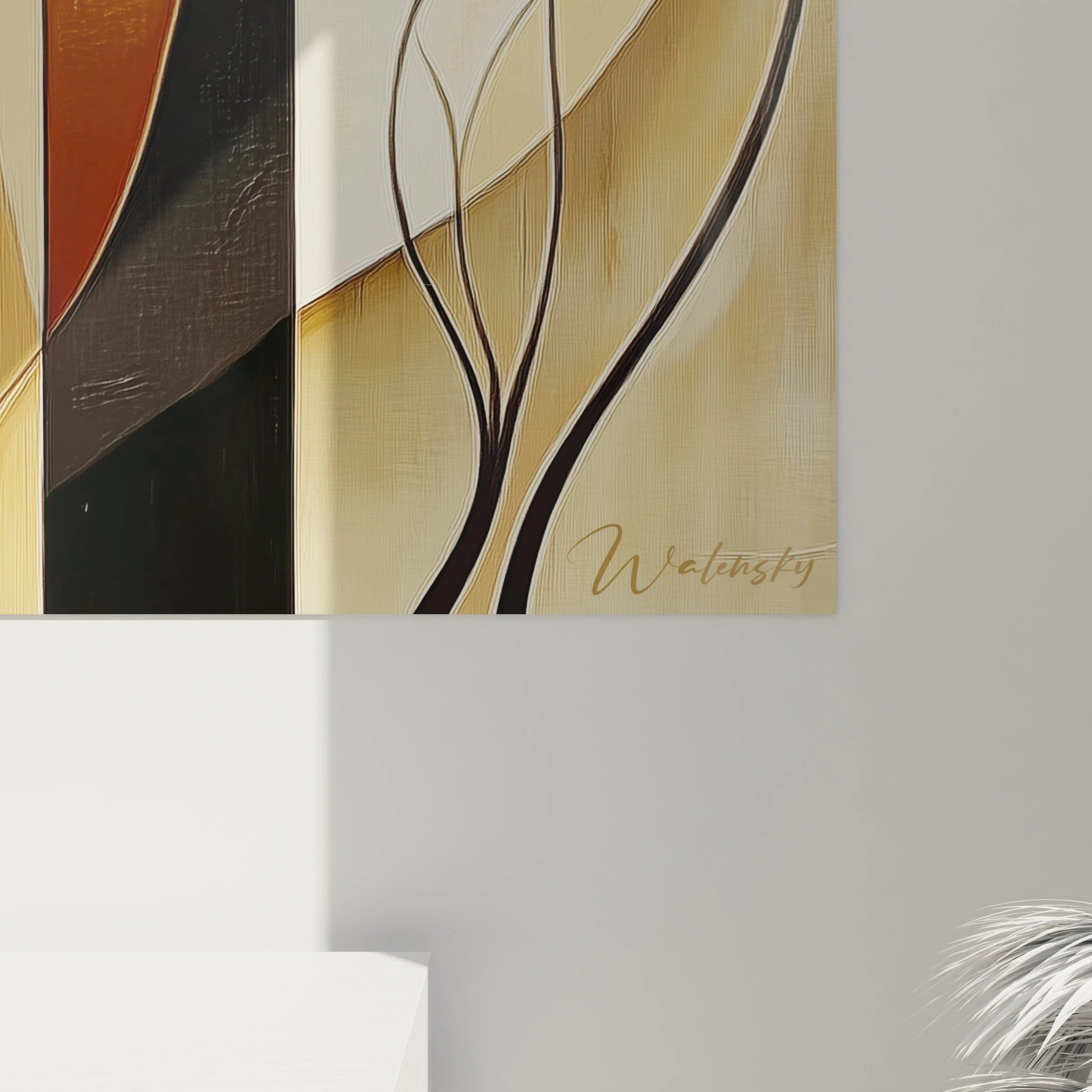 Détail du tableau africain mural Walensky avec motifs abstraits aux tons terre et beige