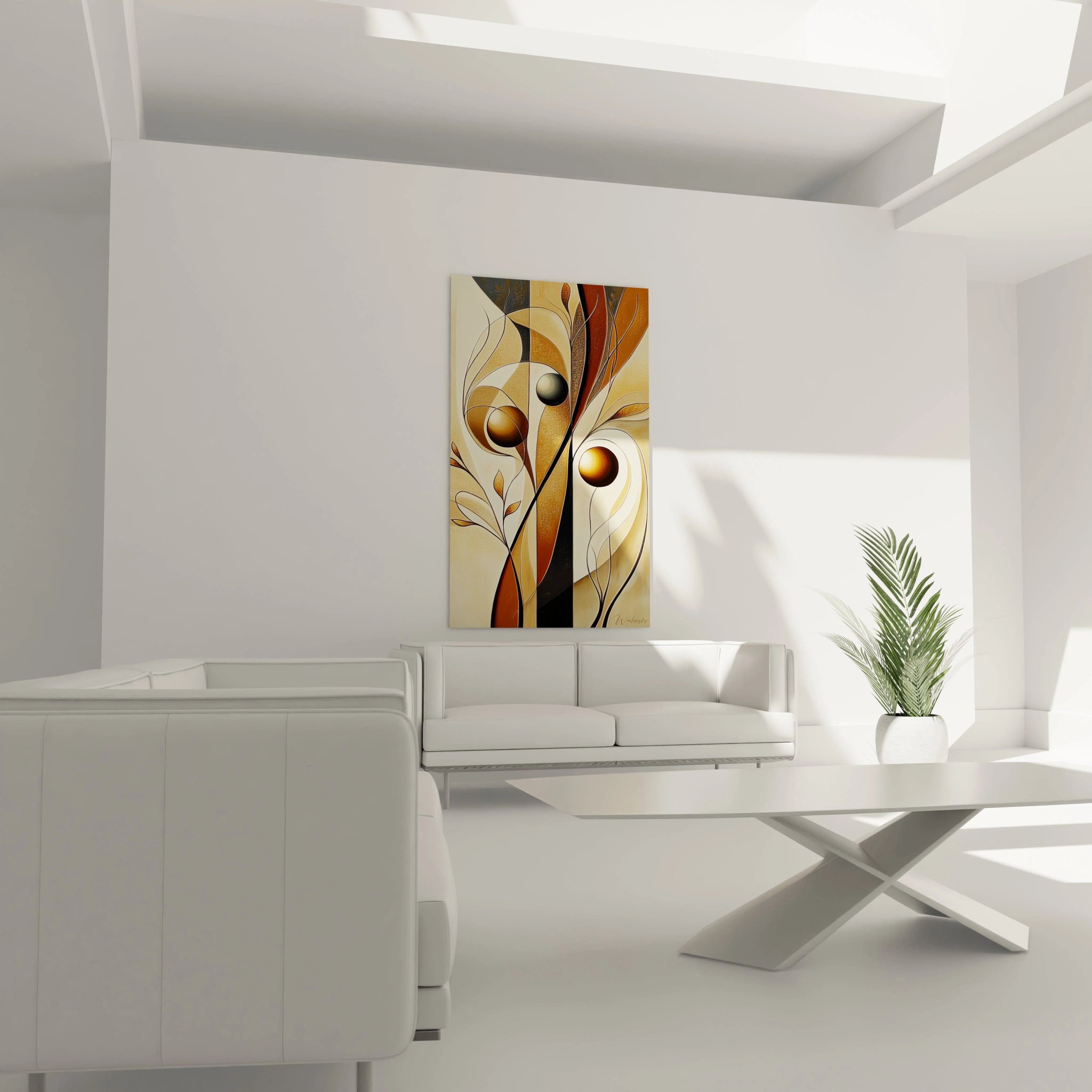 Tableau africain mural abstrait Walensky aux nuances orangées et beiges dans un salon moderne blanc