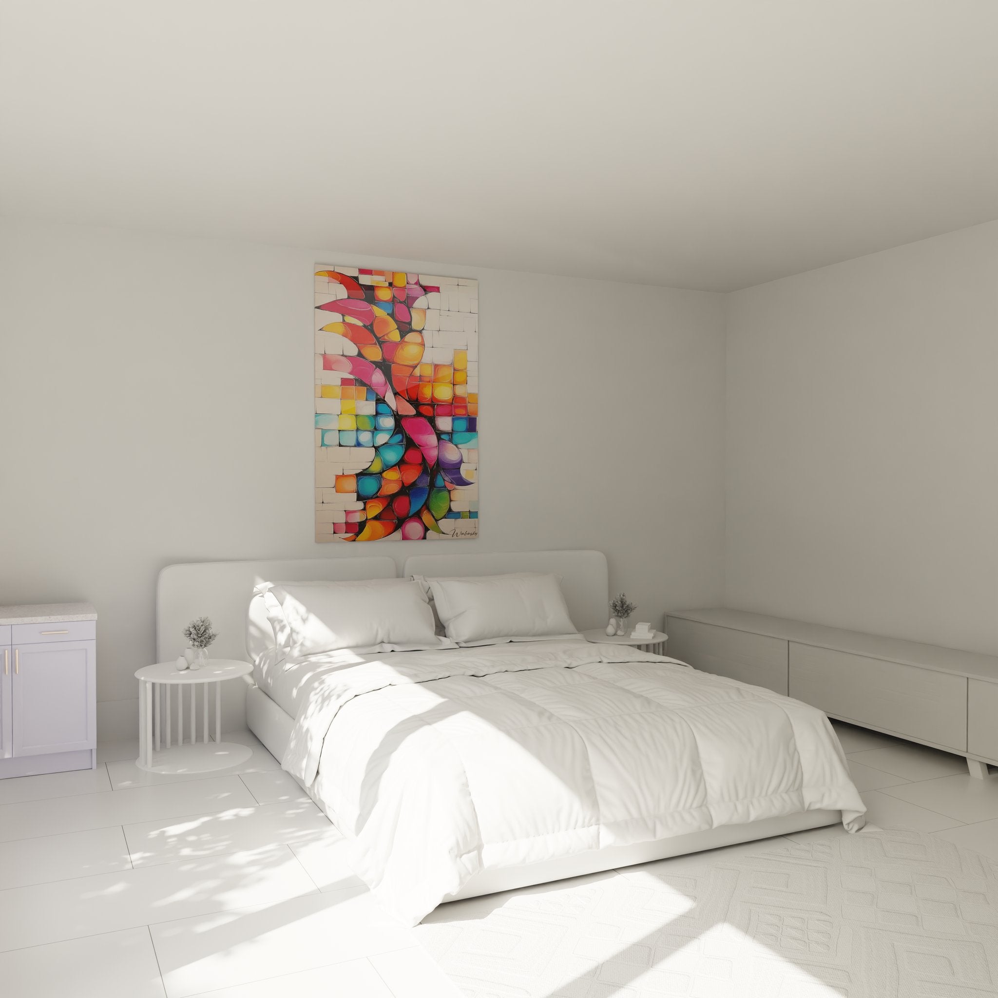 Tableau arbre coloré dans chambre moderne - décoration murale contemporaine multicolore ambiance